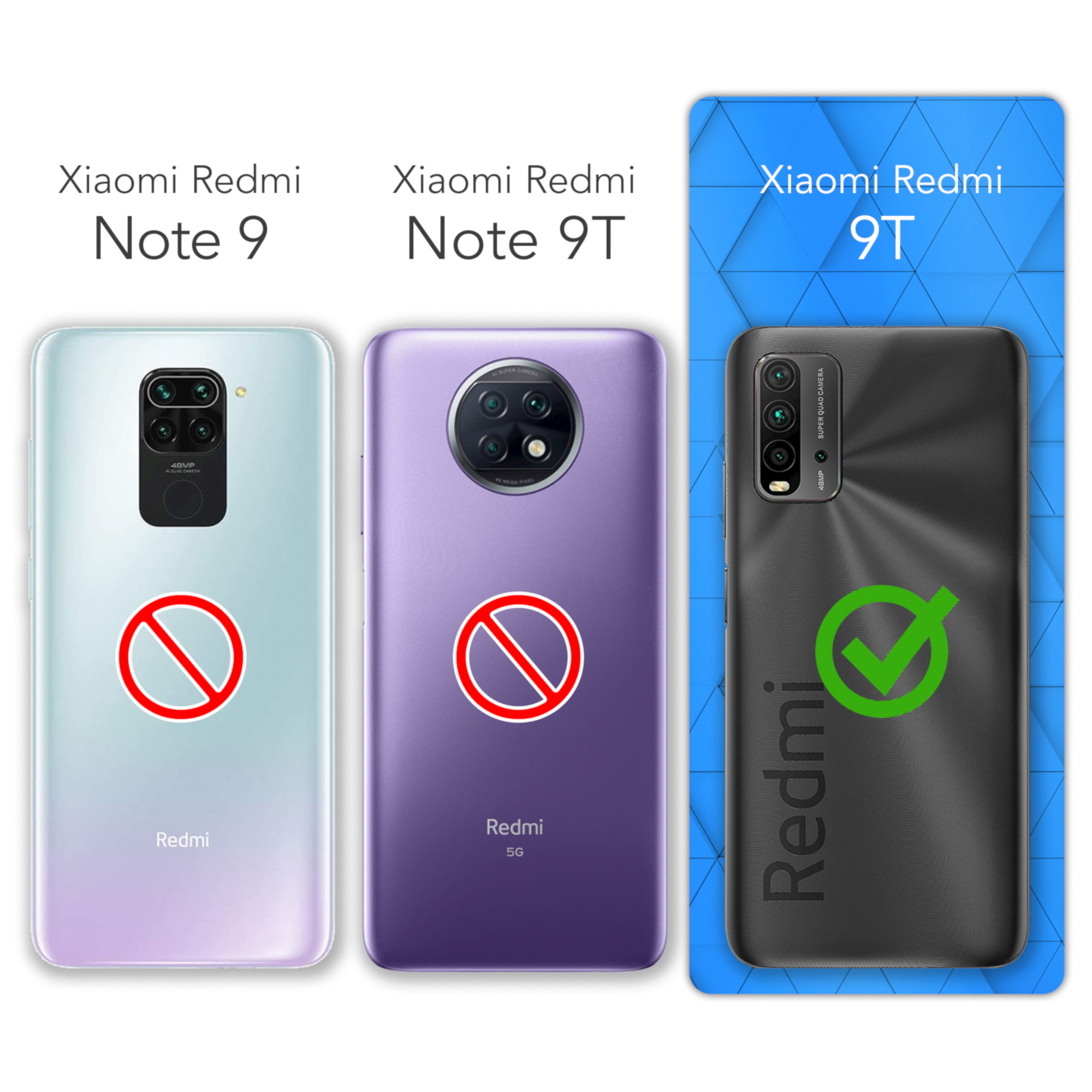 Drei Xiaomi Redmi-Telefone. Das Redmi 9T ist zugelassen, während das Note 9 und ein zweites Telefon nicht zugelassen sind.