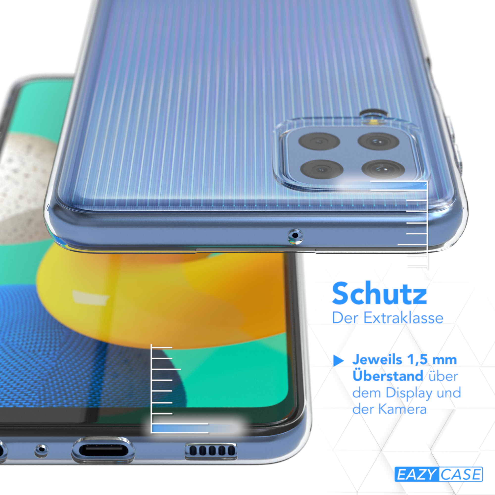 Ein Smartphone in einer transparenten Hülle. Die Hülle hat ein blaues Design und schützt die Kamera.