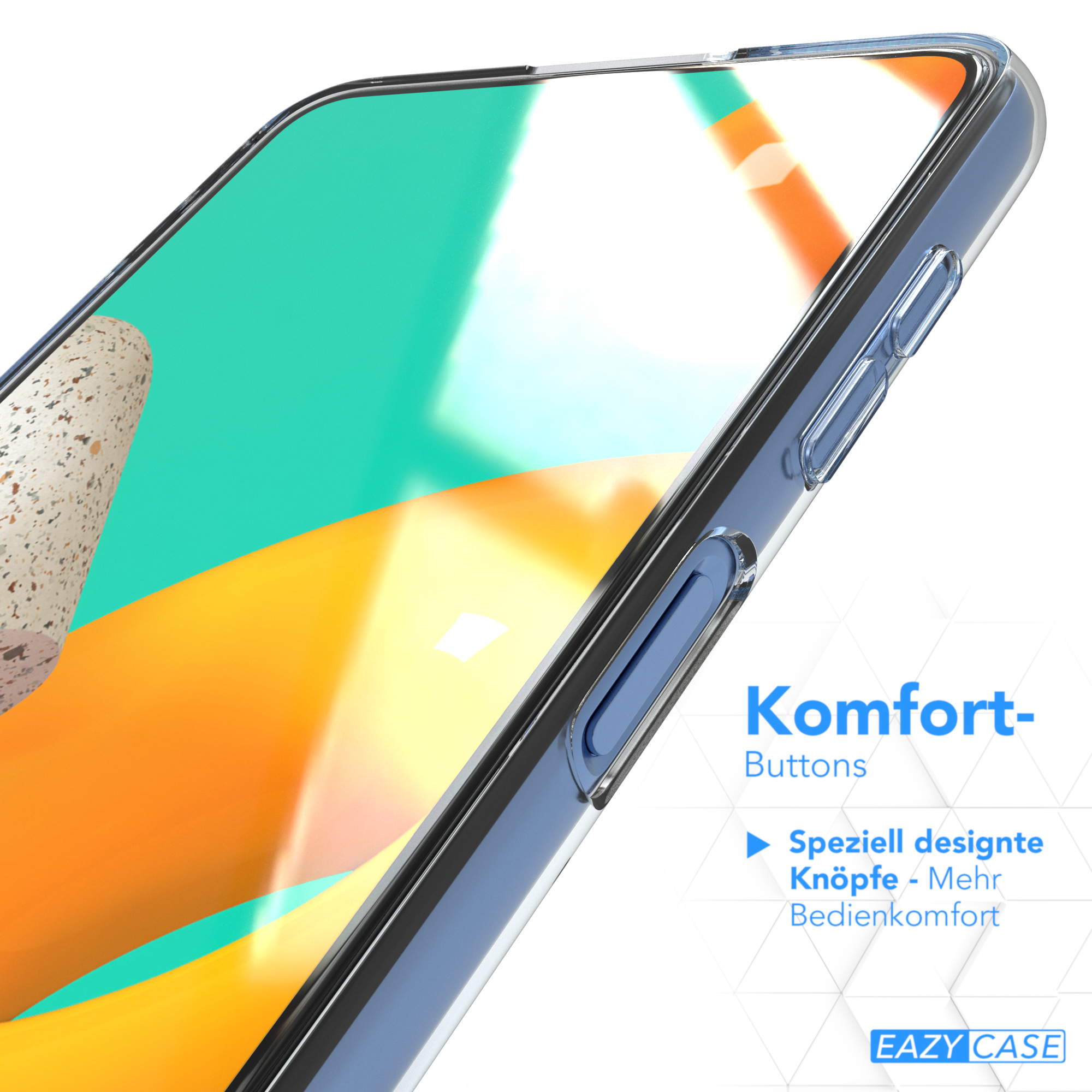 Klare Handyhülle auf einem Telefon, das Knöpfe an der Seite zeigt. Oranger, grüner und blauer Hintergrund.