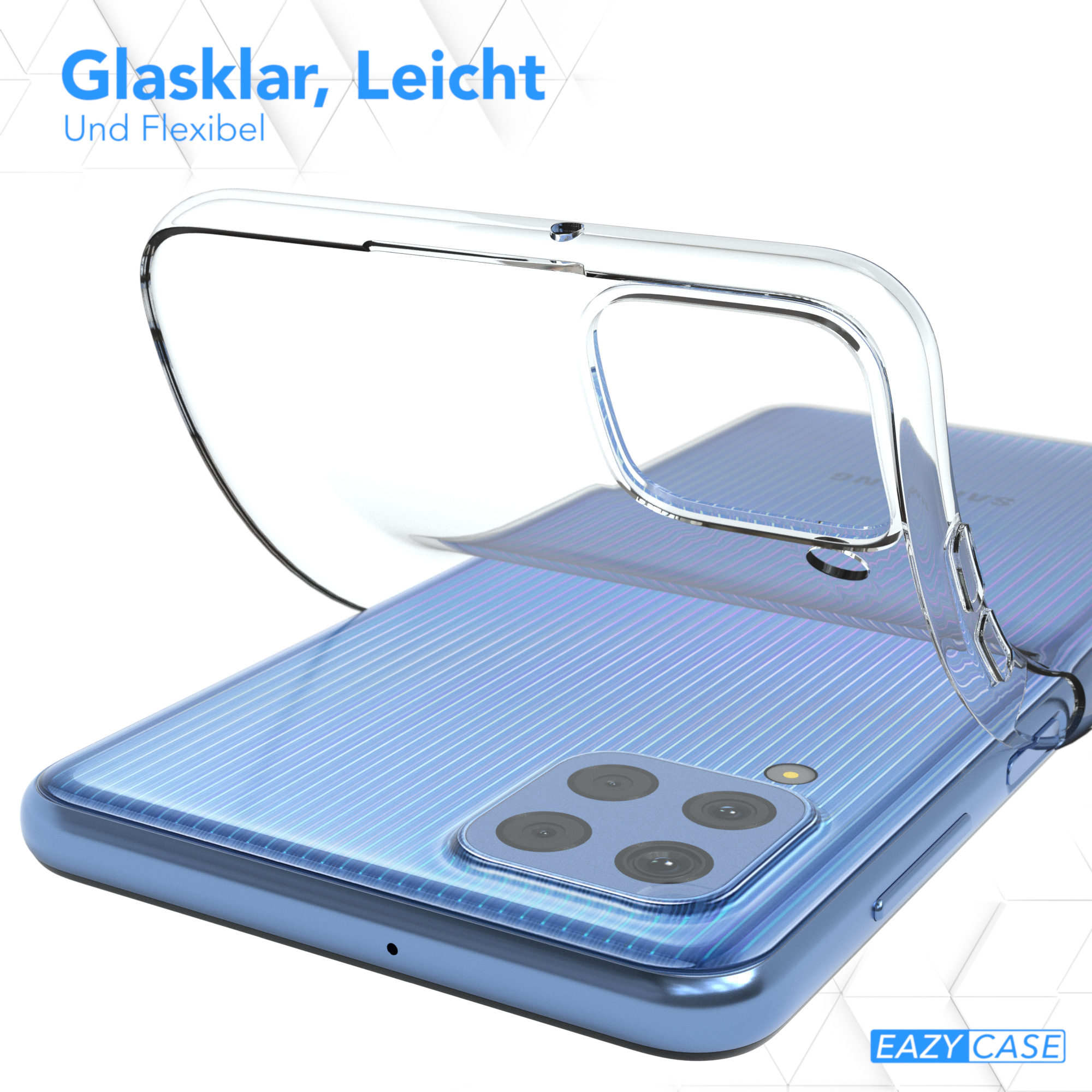 Eine transparente Handyhülle auf einem blauen Telefon. Text beschreibt Funktionen, inkl. flexibel.
