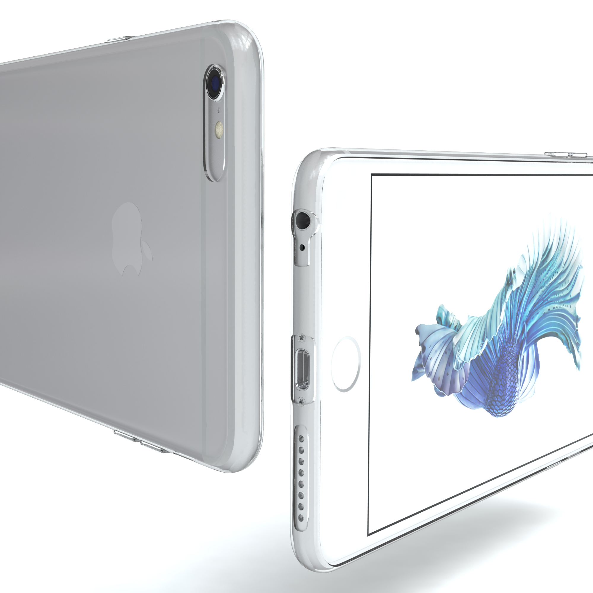 Nahaufnahme eines Smartphones mit durchsichtiger Hülle, Rückseite und Bildschirm zeigend.