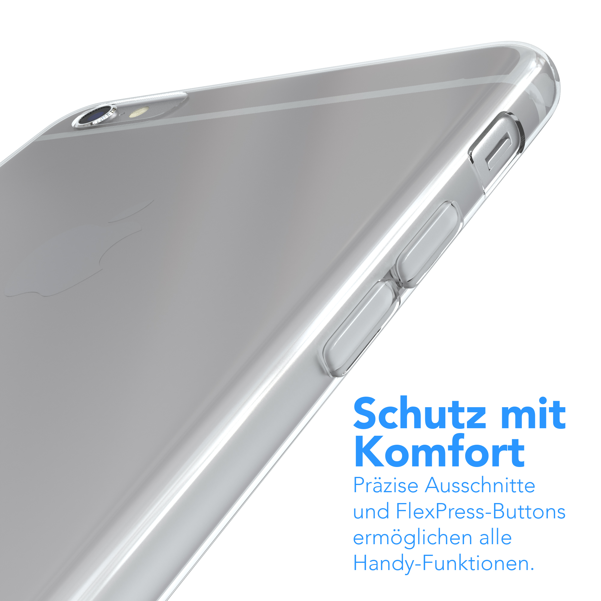 Nahaufnahme eines Smartphones in einer transparenten Hülle, mit Text über Komfort und Präzision.