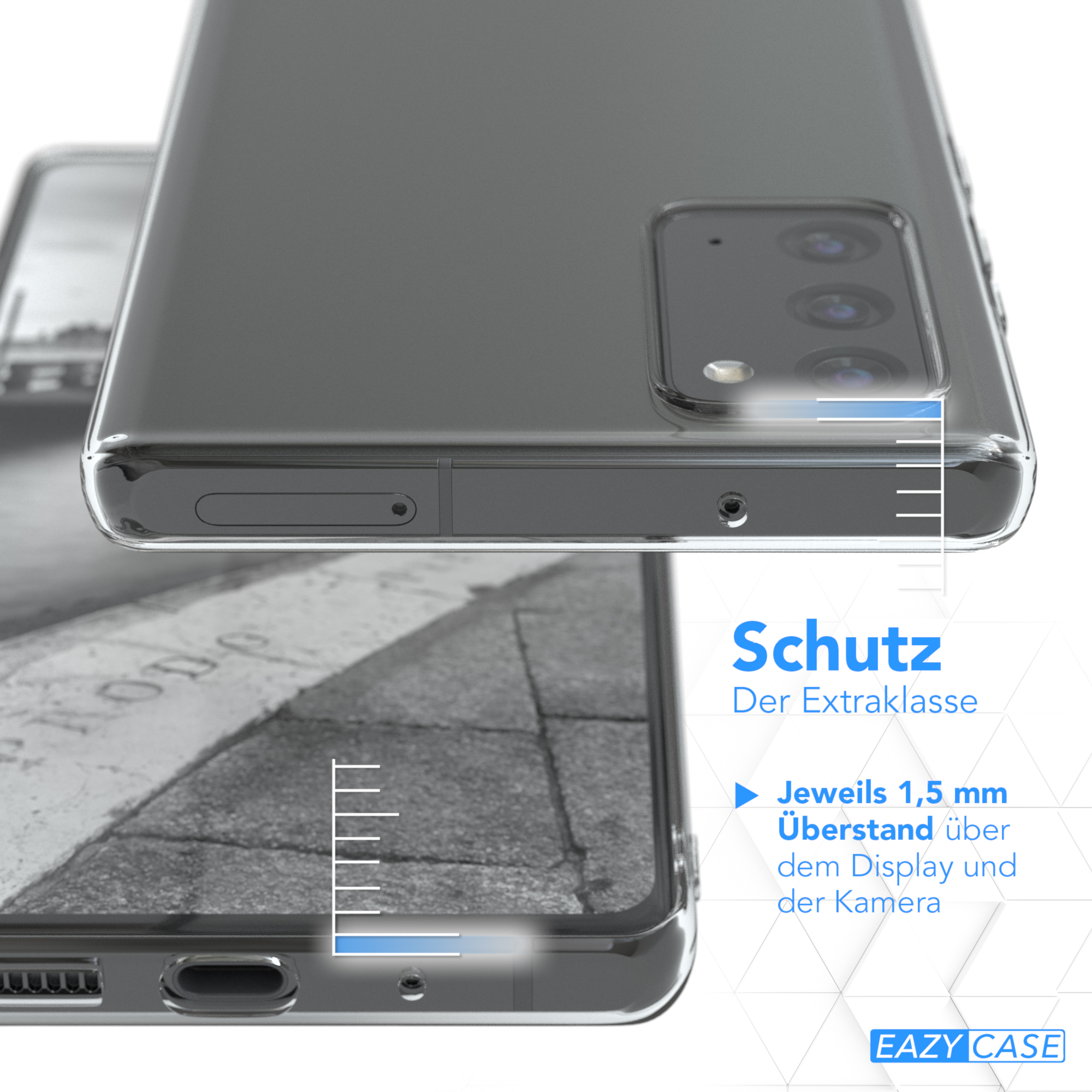 Handyhülle mit Text. Telefon dahinter sichtbar. Text: Schutz Der Extraklasse. Eazy Case Logo.