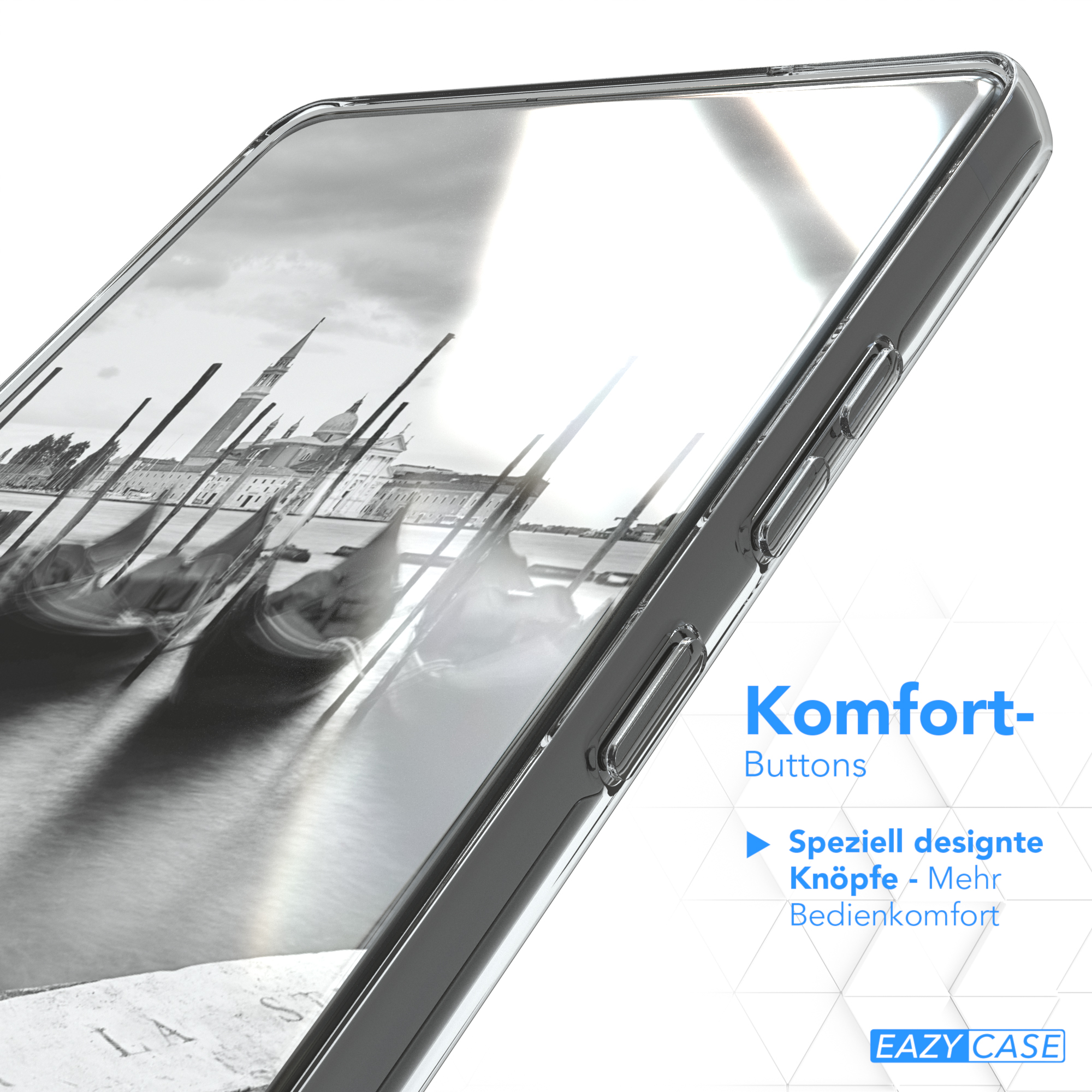 Eine Handyhülle mit Venedig-Kanal-Szene, Text 'Komfort-Buttons'.