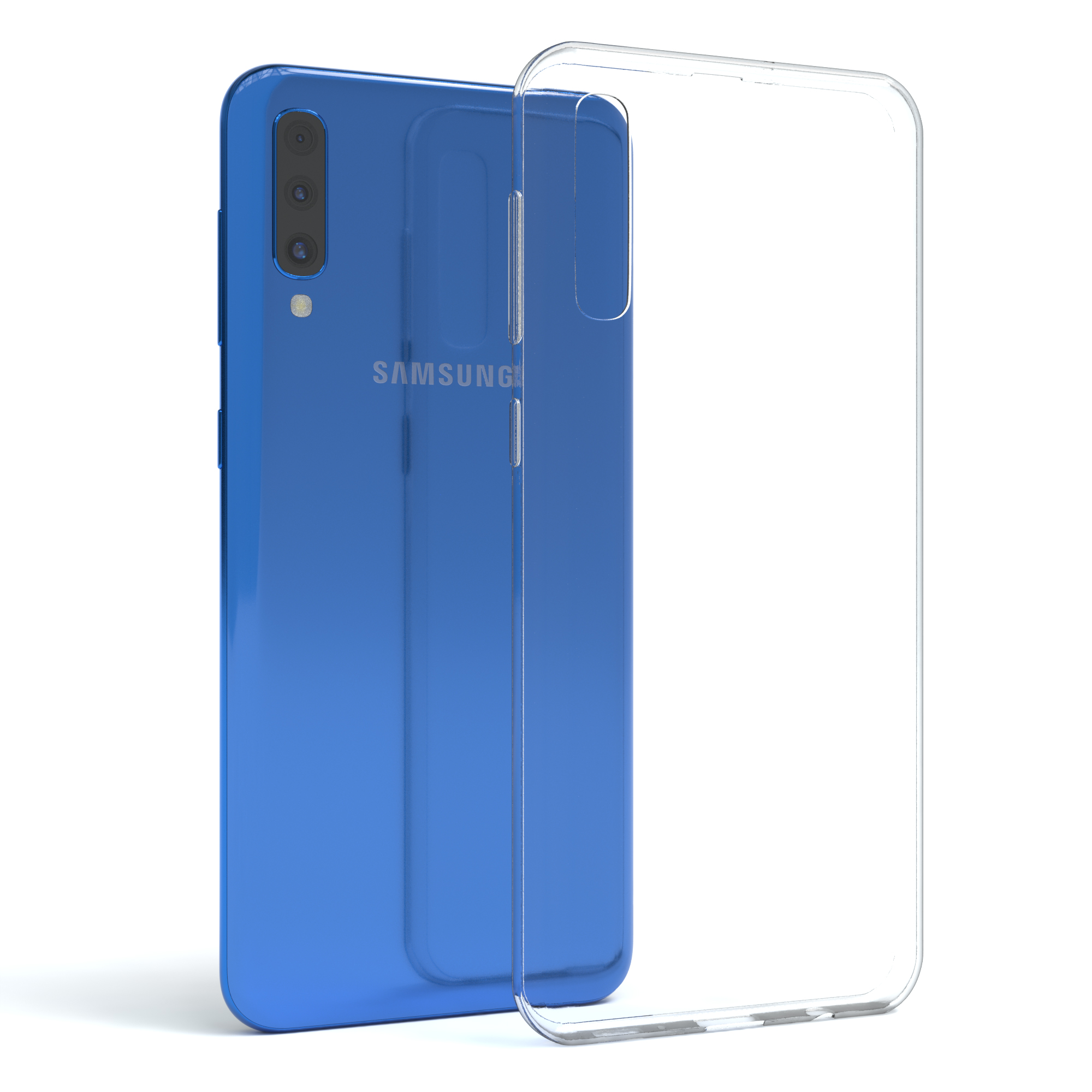 Blaues Samsung-Telefon mit transparenter Hülle, weißer Hintergrund.