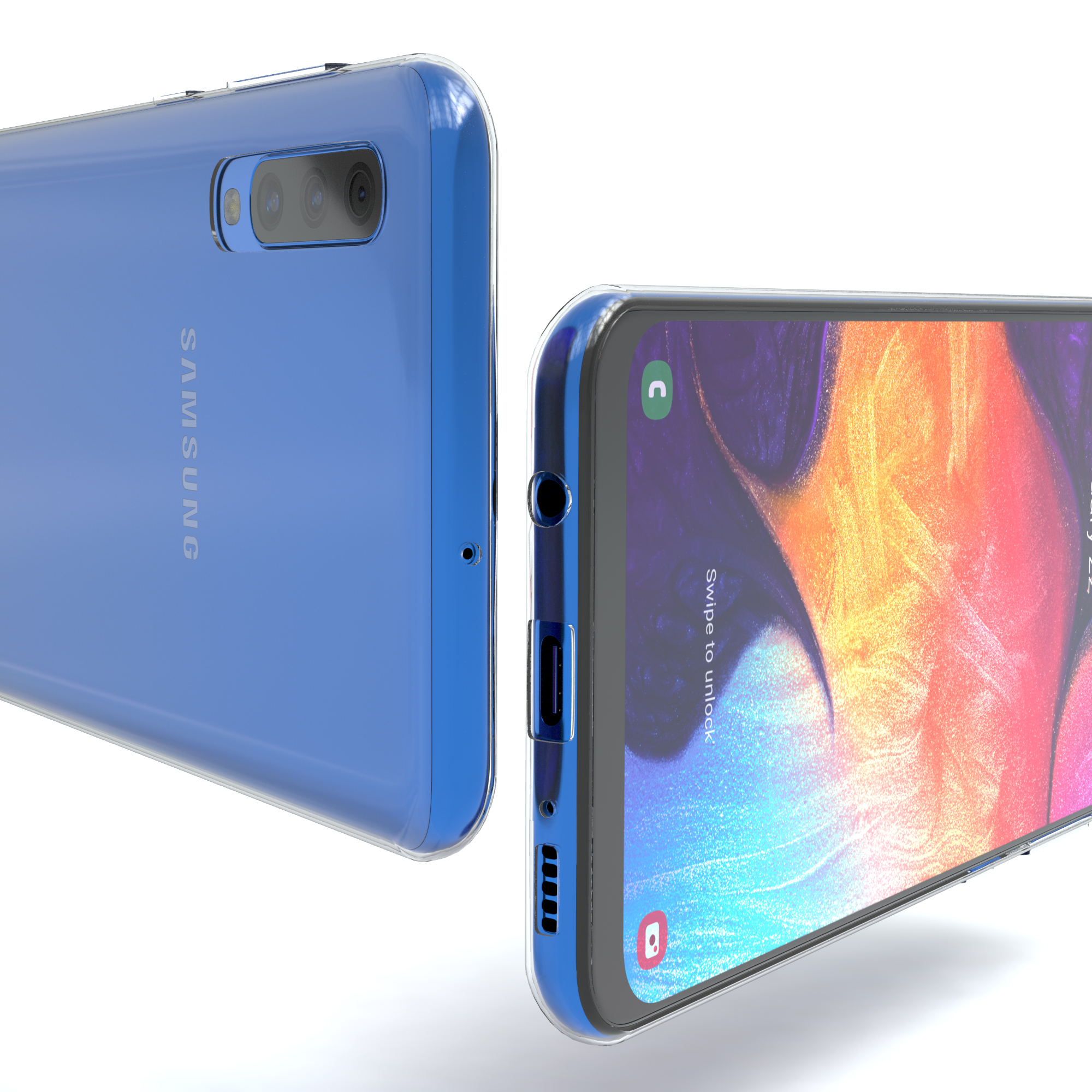 Zwei Telefonansichten, blaues Telefon mit klarer Hülle. Eine Ansicht zeigt die Rückseite mit Samsung-Logo, die andere den Bildschirm.