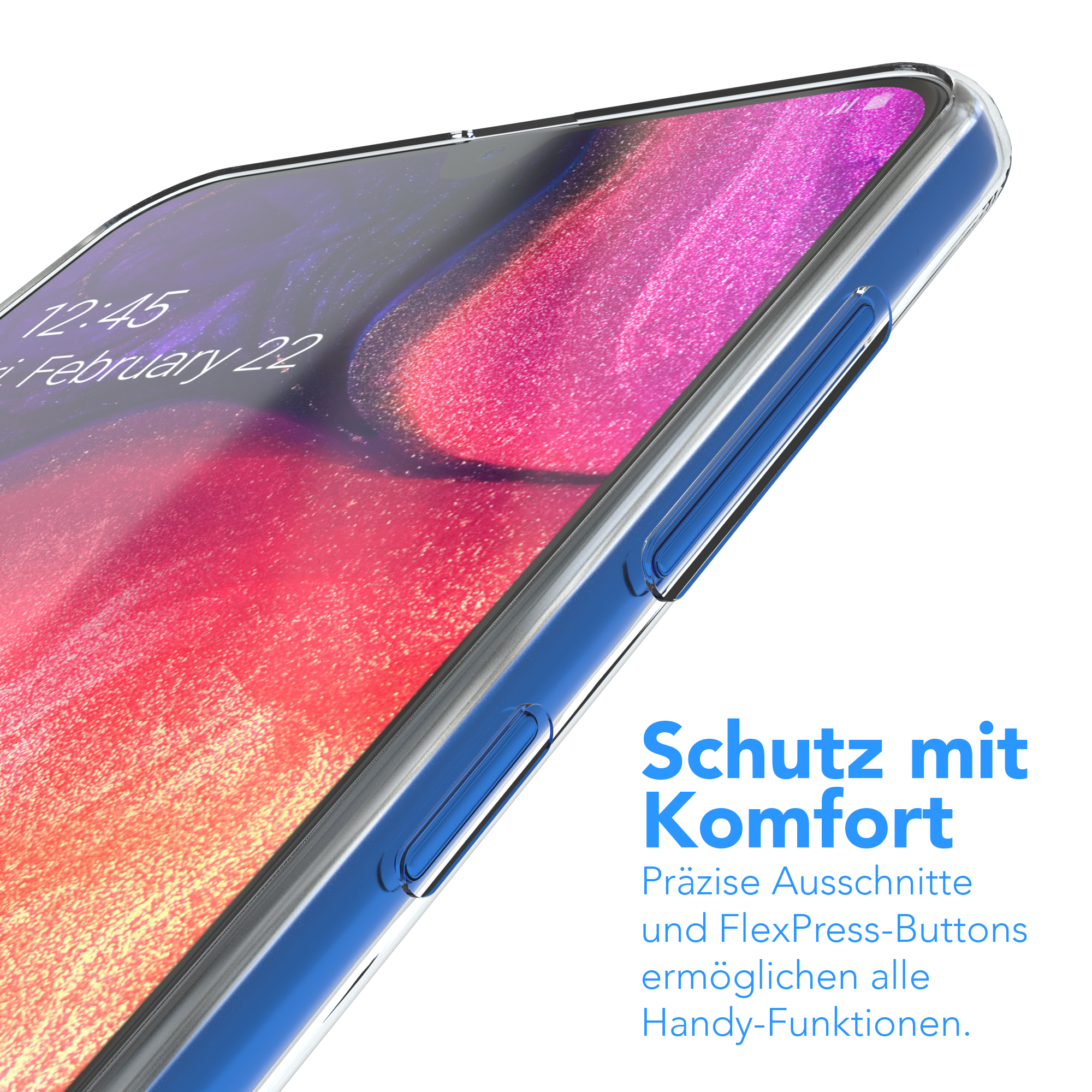 Handyhülle mit rotem und pinkem abstrakten Hintergrund, Komfort-Knöpfe sichtbar.