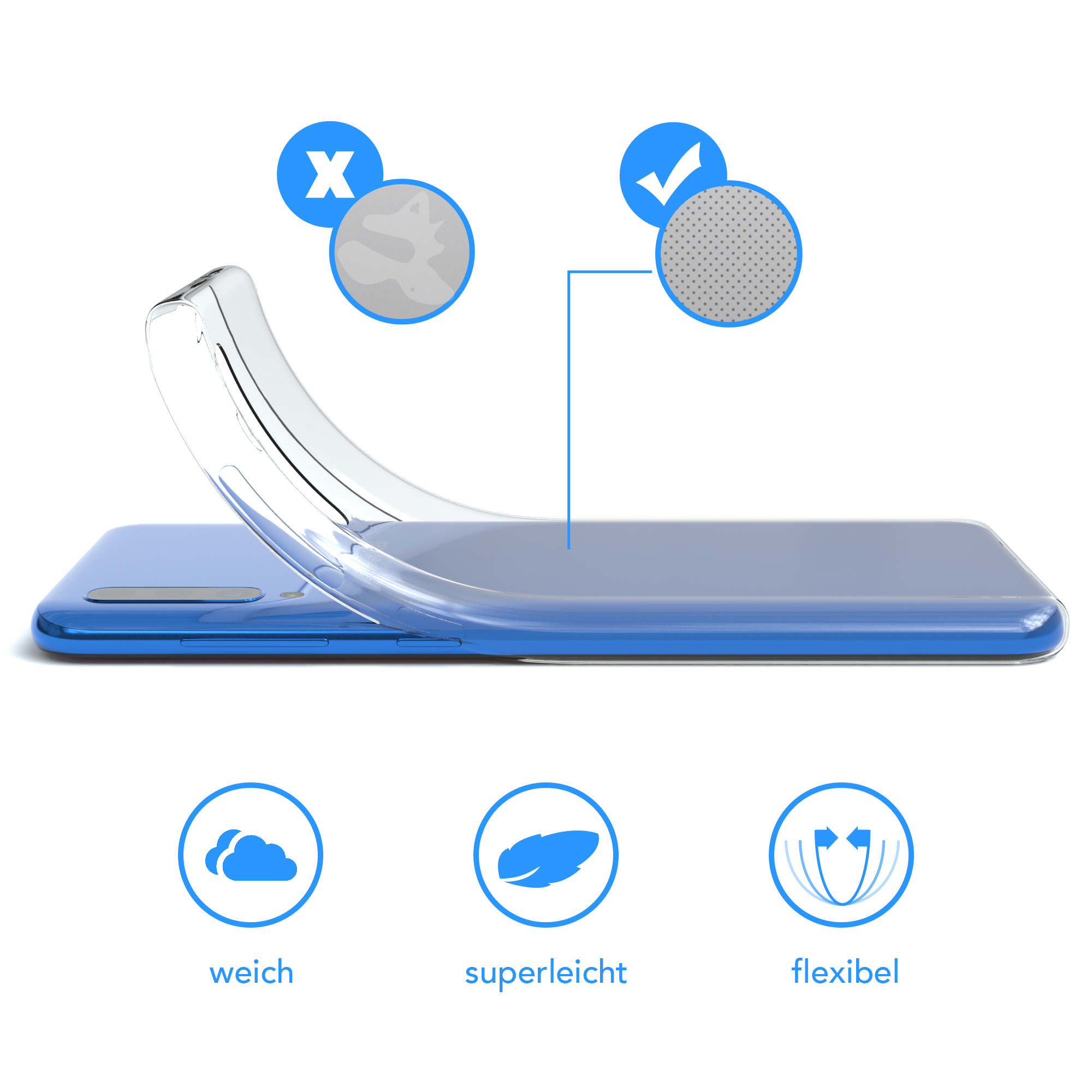 Klare Handyhülle über einem blauen Telefon, mit Symbolen für Weichheit, Leichtigkeit und Flexibilität.