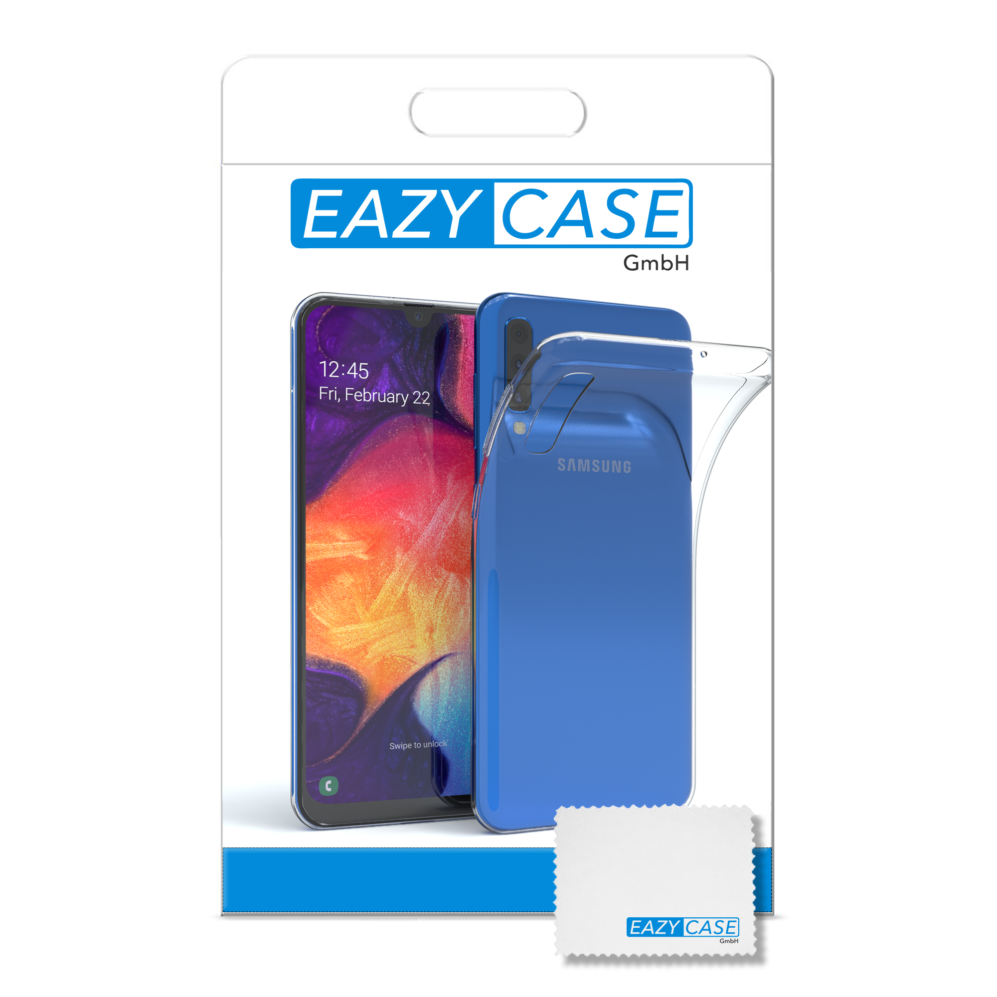 Verpackung für Handyhülle mit Handy und Reinigungstuch.