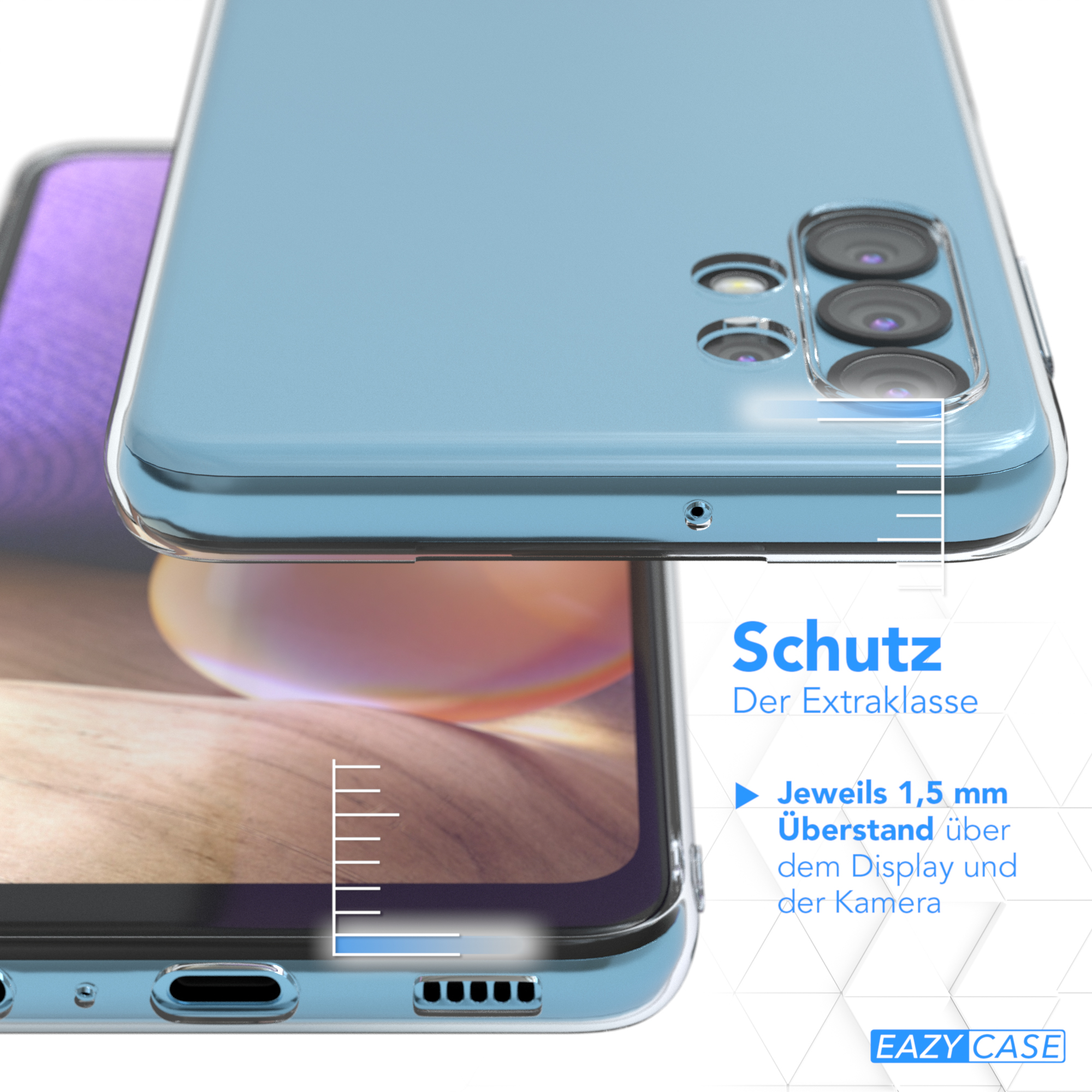 Nahaufnahme einer Handyhülle, die ein Telefon schützt. Text zeigt Schutz an.