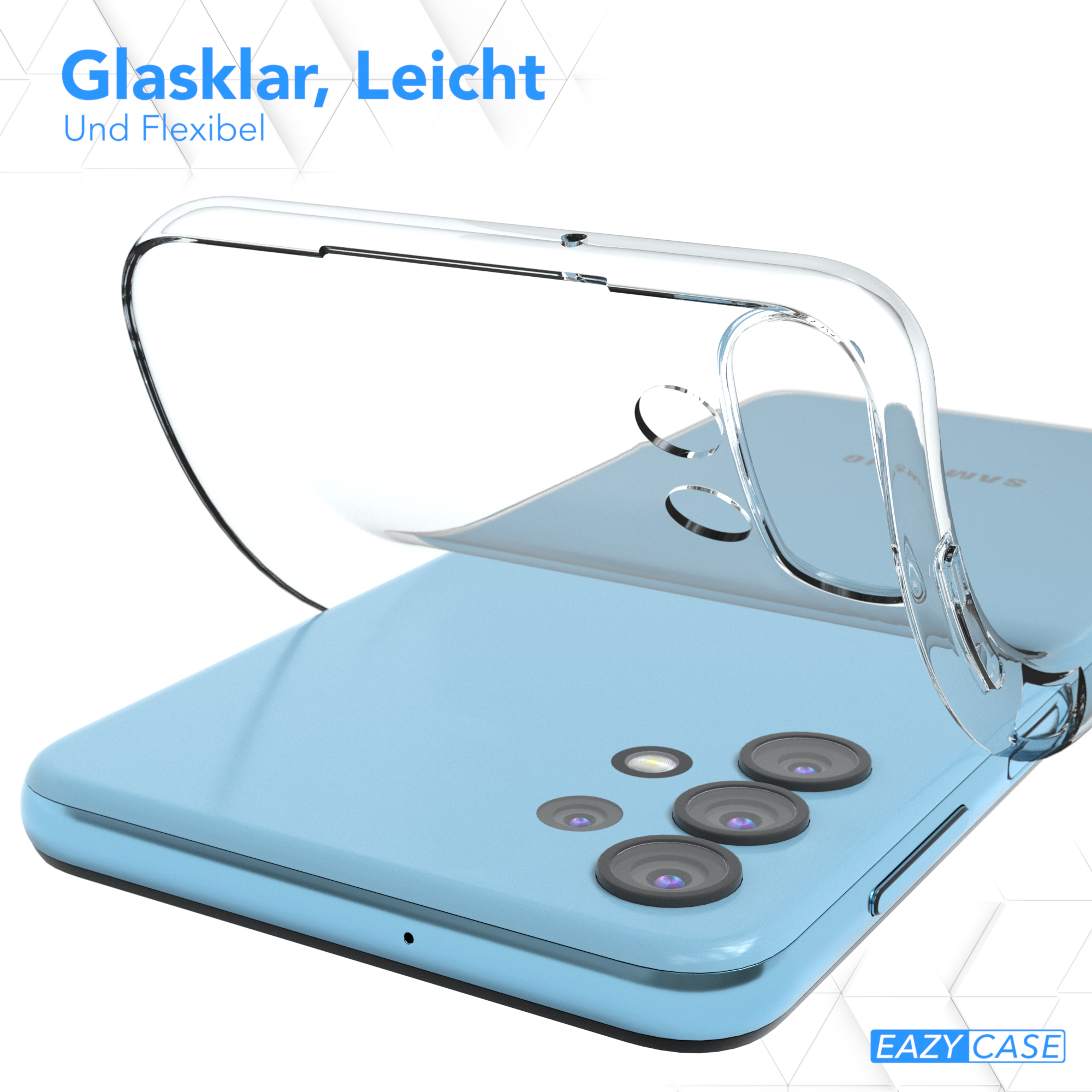 Eine transparente Handyhülle liegt auf einem hellblauen Telefon. Der Text oben lautet "Glaslar, Leicht Und Flexibel".