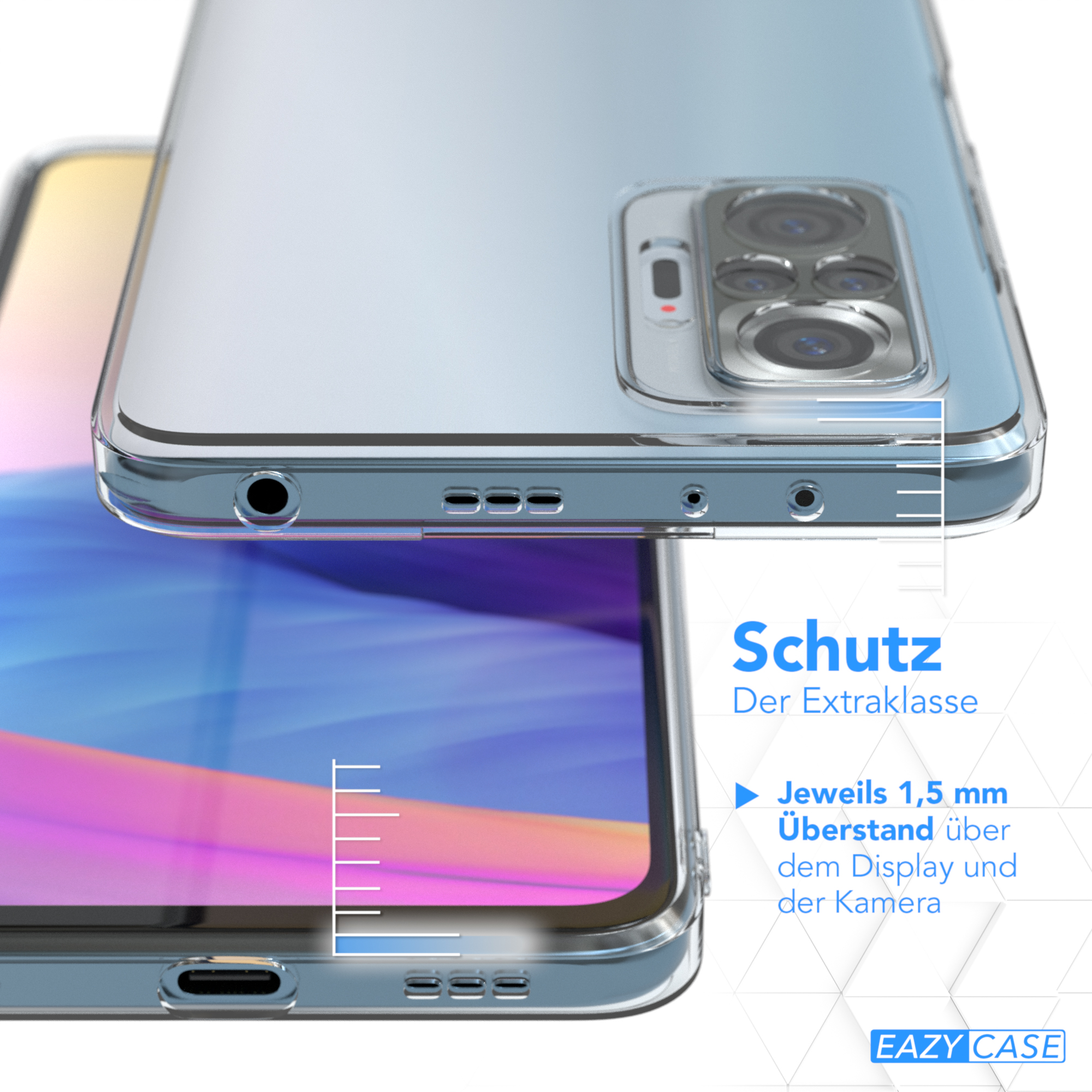 Transparente Handyhülle über einem hellblauen Telefon. Die Hülle hat Kantenschutz.