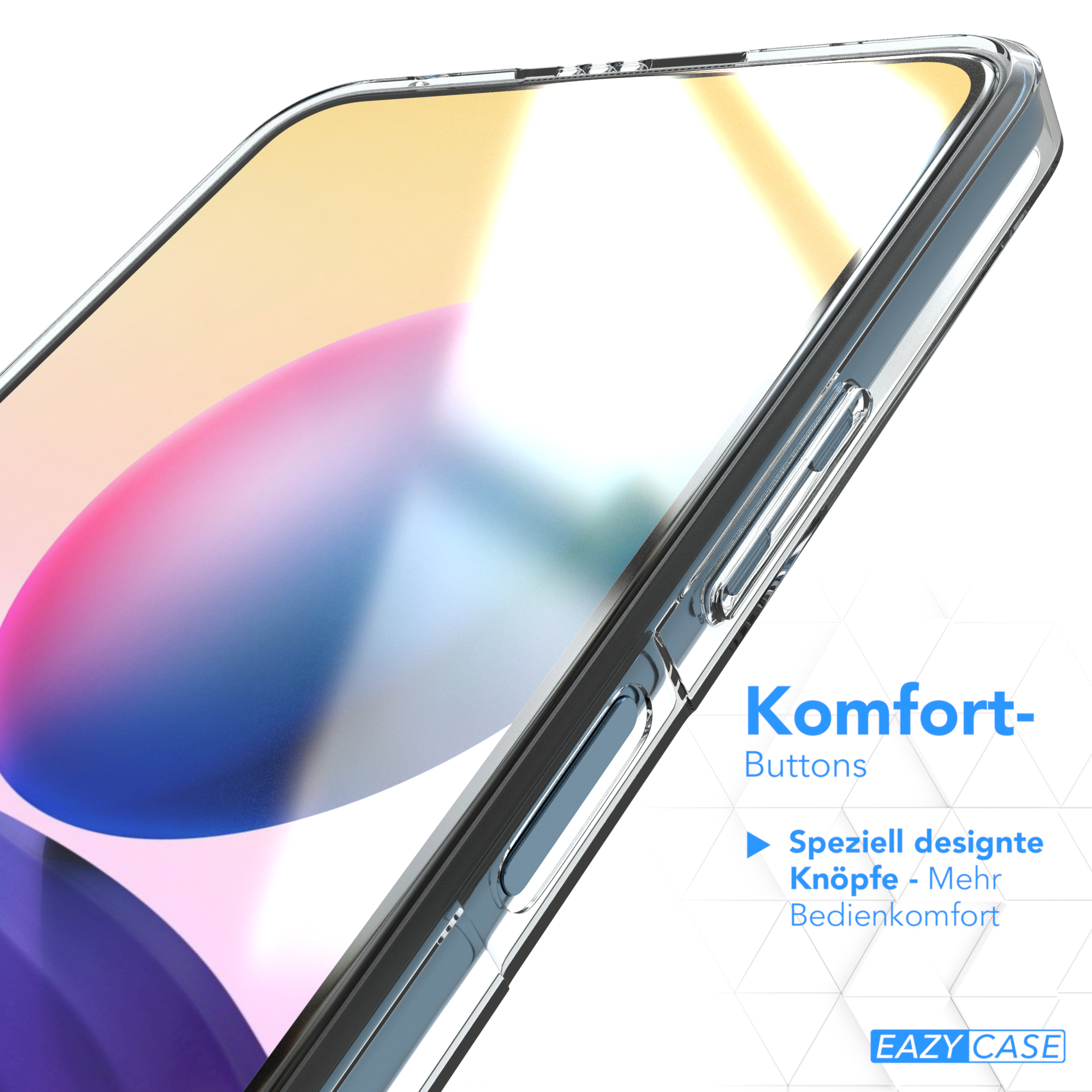 Transparente Handyhülle auf einem Telefon, mit Tasten-Details. Blauer Text: Komfort- Tasten. Und etwas deutscher Text.