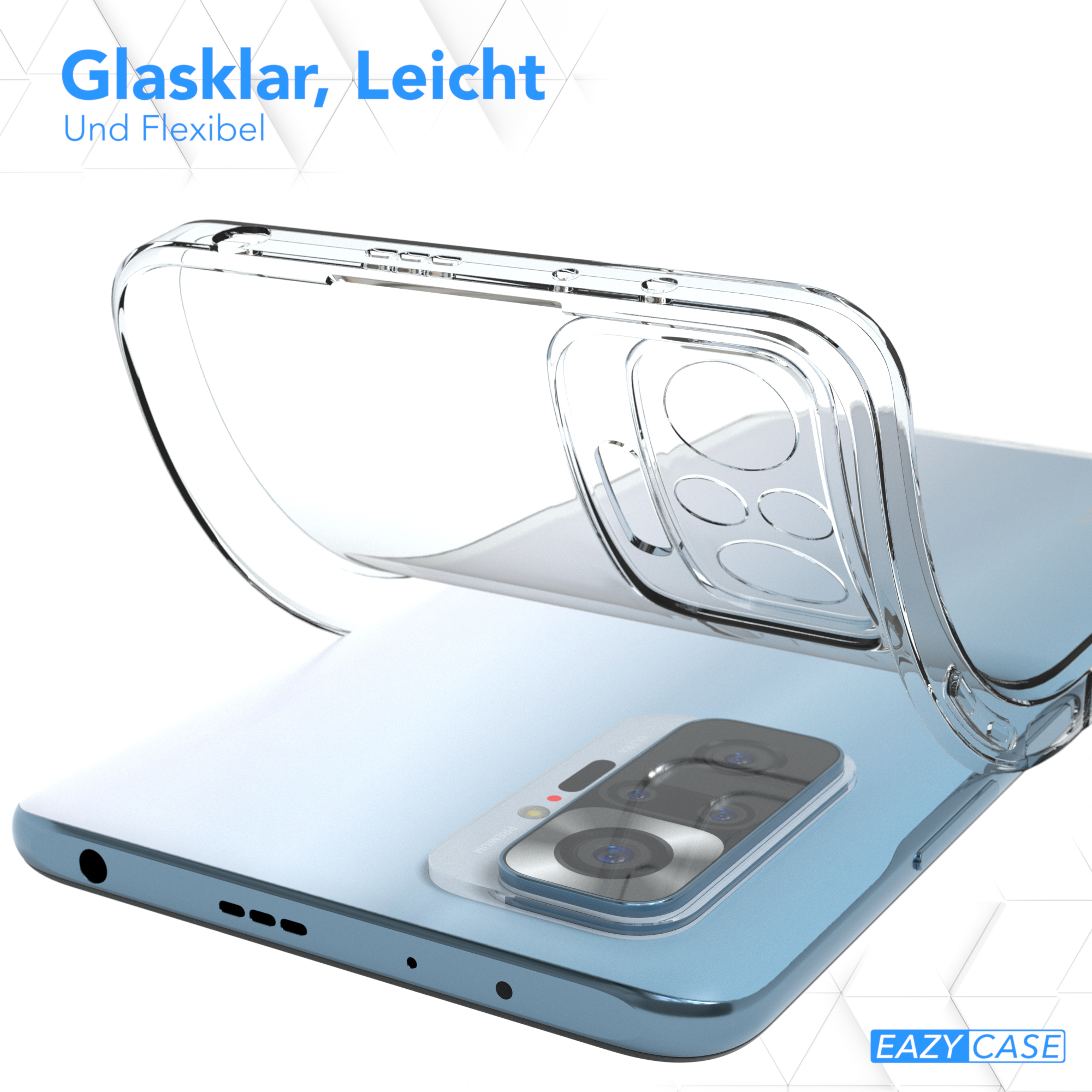 Eine transparente Handyhülle auf einem Telefon. Text lautet: Glasklar, Leicht, Und Flexibel. Die Hülle bedeckt die Rückseite.