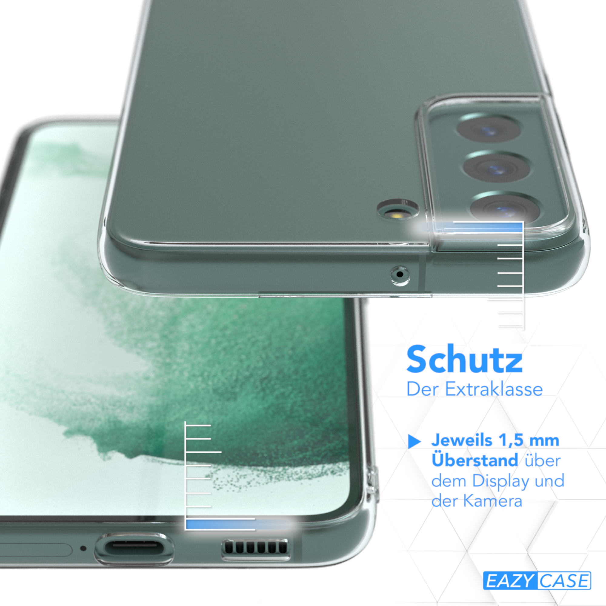 Transparente Handyhülle schützt ein Telefon, mit Text über Schutz.