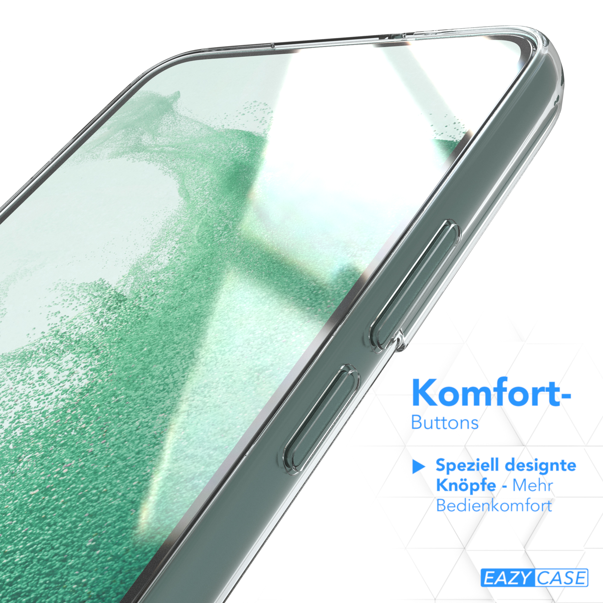 Nahaufnahme einer Telefonhülle. Die Hülle ist transparent, mit hervorgehobenen Knöpfen.