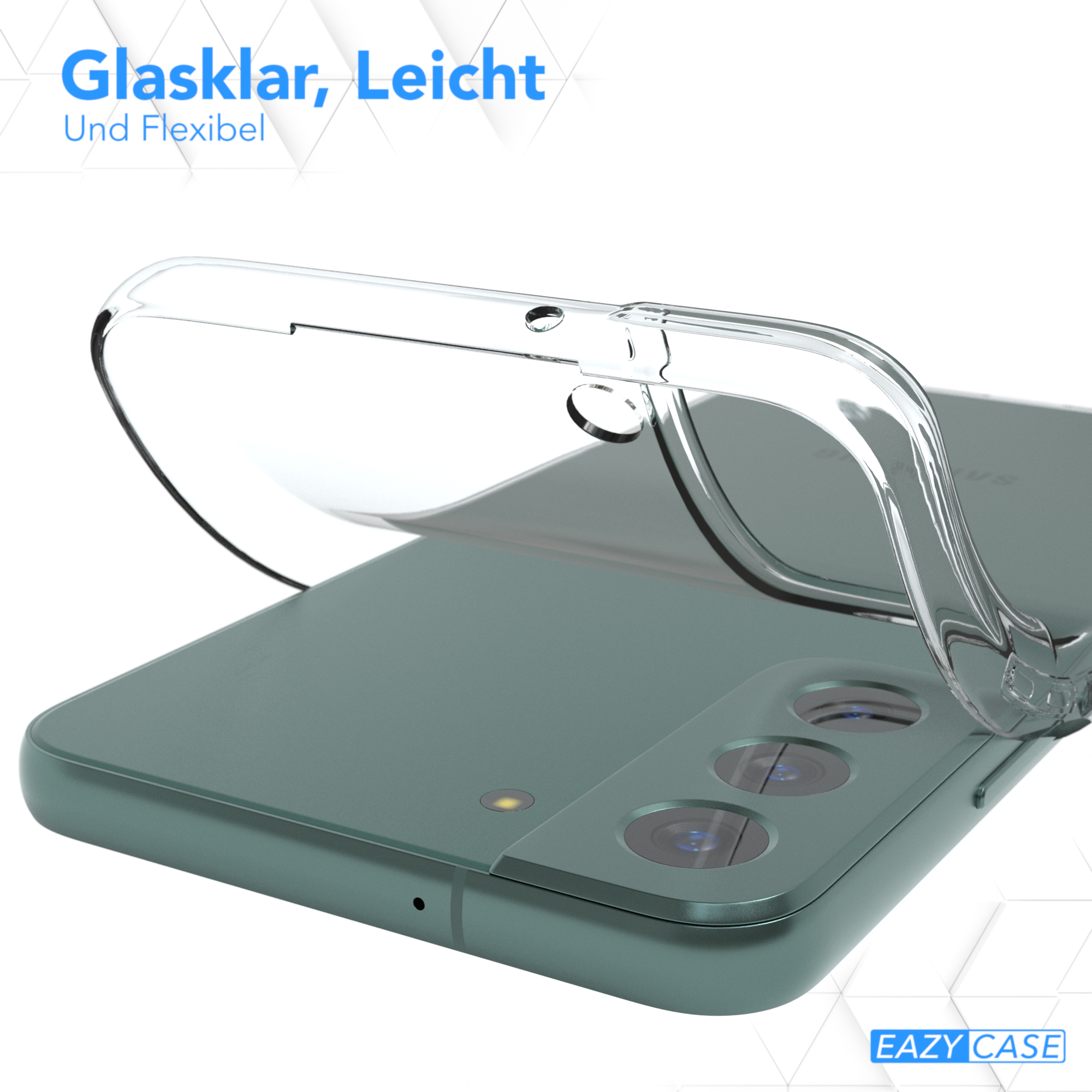 Transparente Handyhülle auf einem grünen Telefon. Die Hülle ist transparent. Weißer Hintergrund.