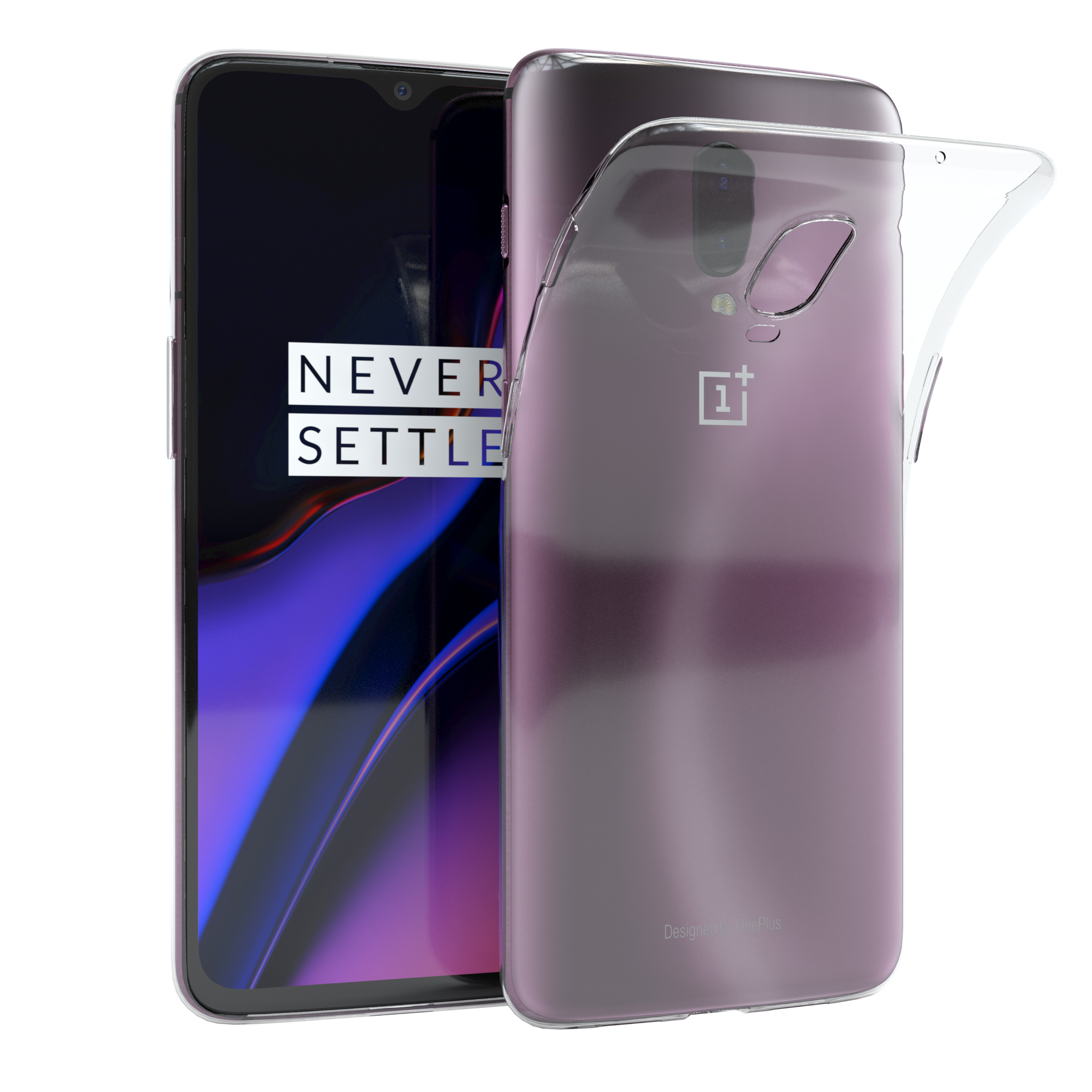 Ein Telefon mit einer transparenten Hülle. Das Telefon hat eine lila Rückseite und die Hülle ist transparent.
