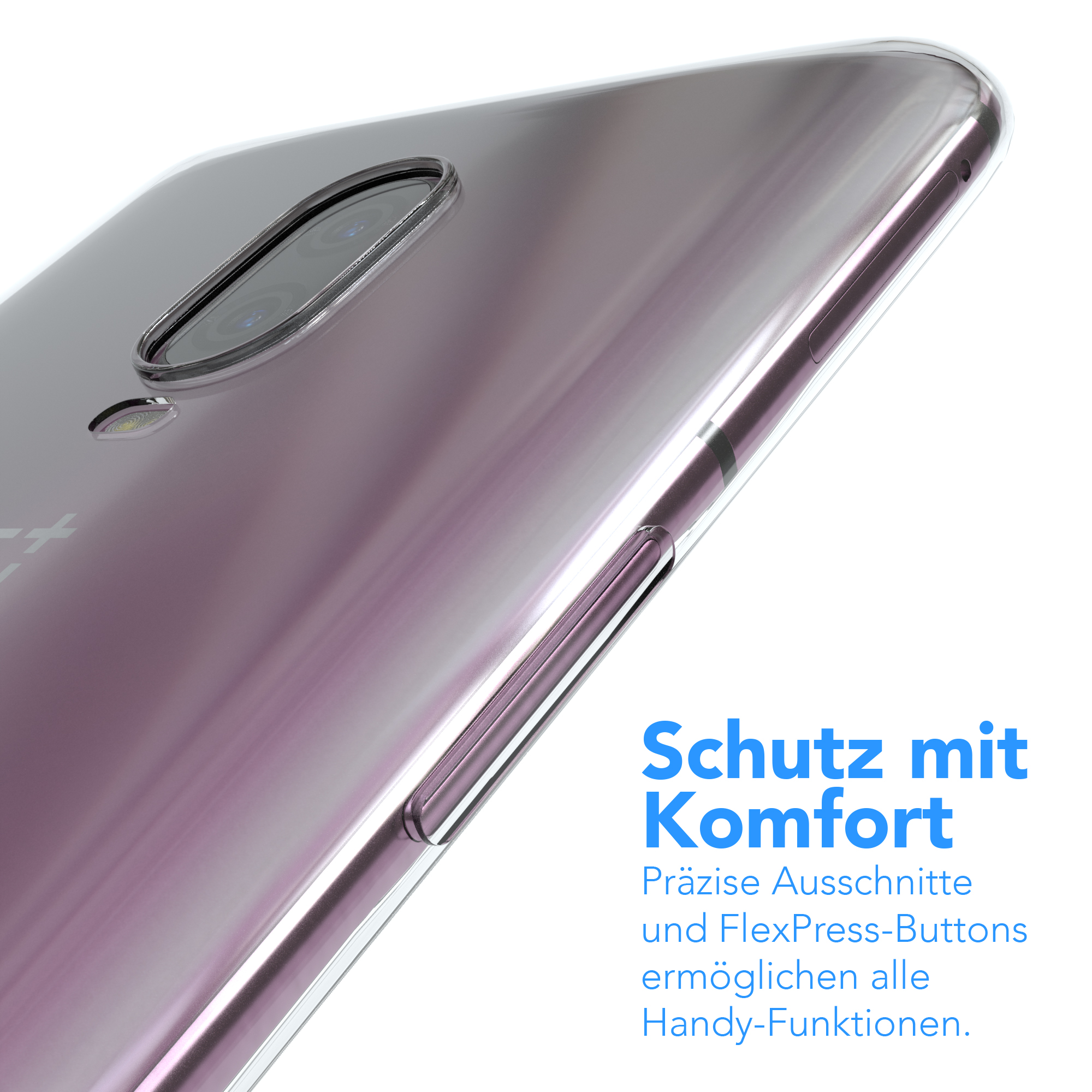 Transparente Handyhülle mit Knöpfen. Lila Telefon sichtbar.