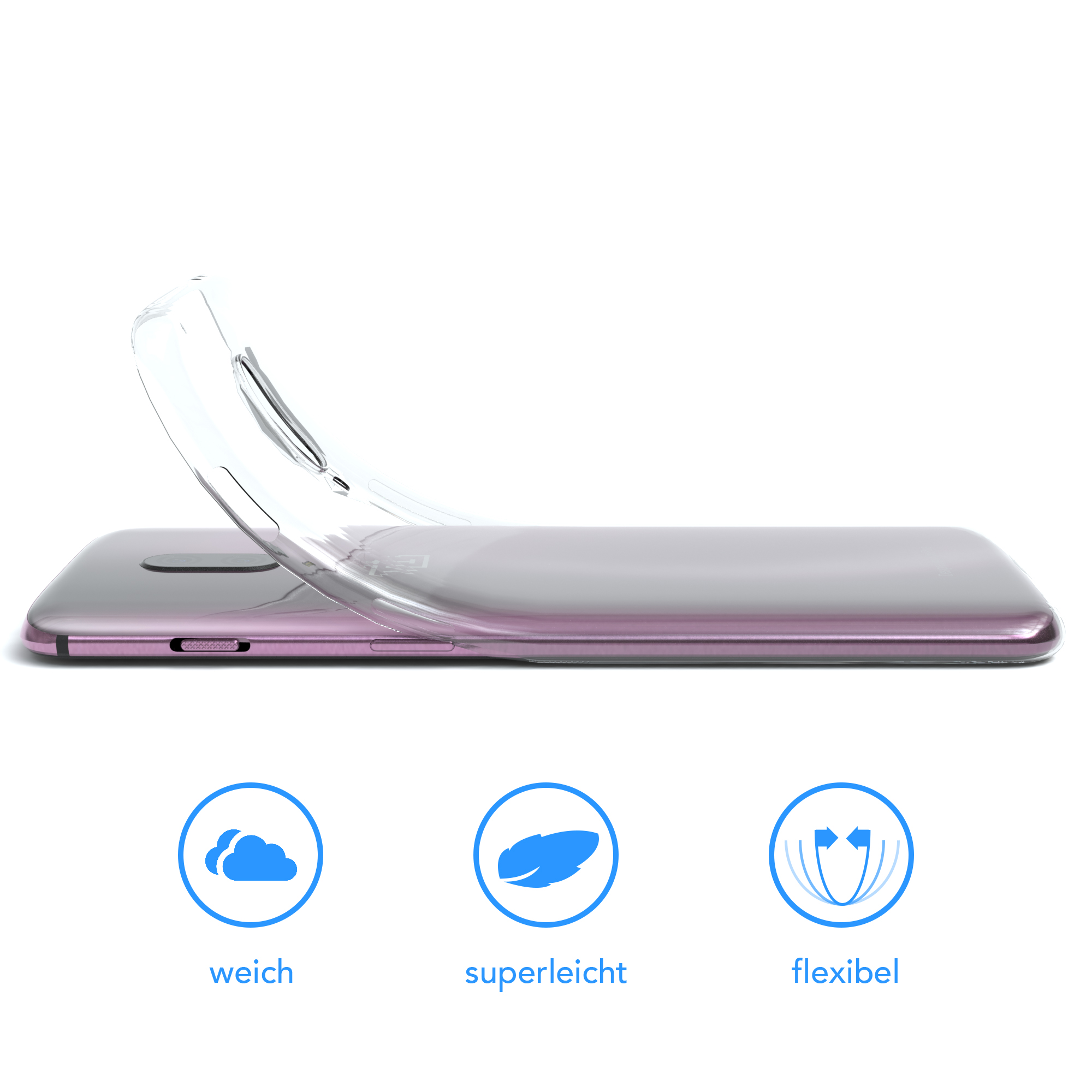 Telefon in transparenter Hülle mit Symbolen: weich, superleicht, flexibel. Lila Telefon, transparente Hülle.