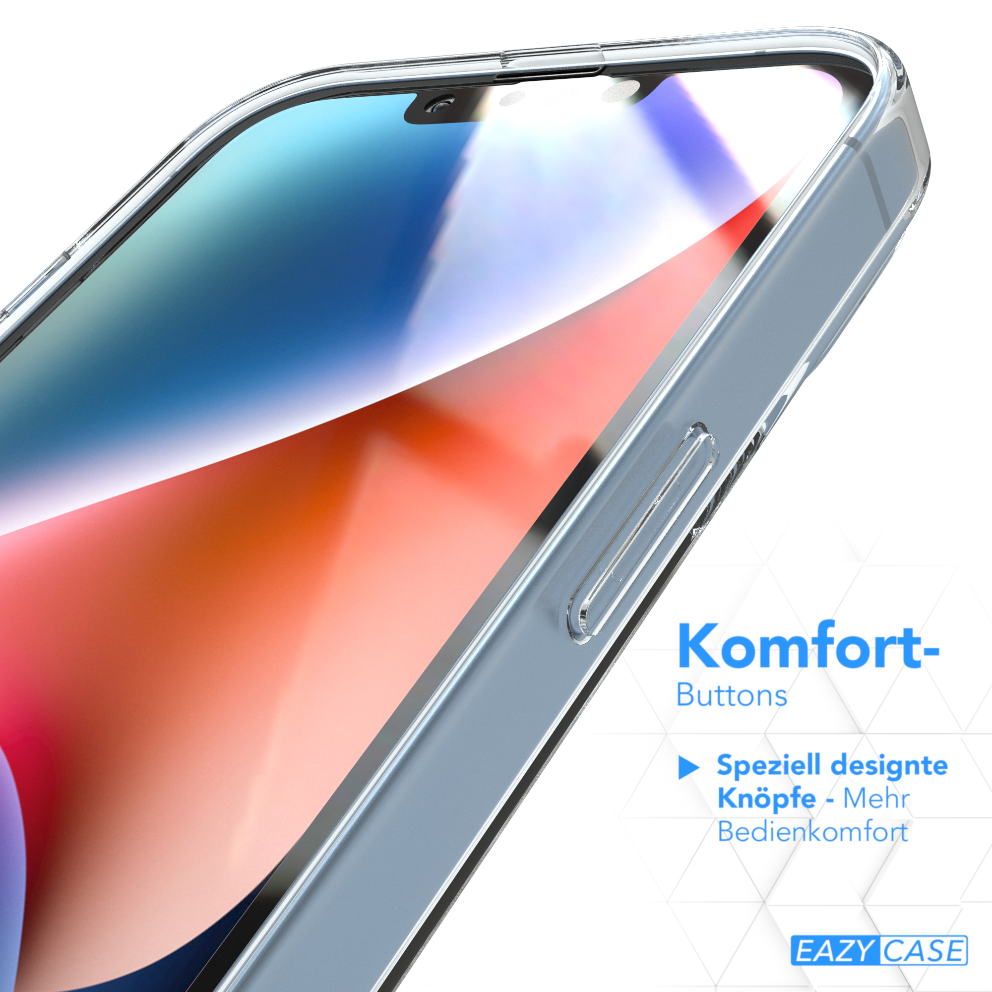 Nahaufnahme eines Smartphones mit transparenter Hülle, blau-grauer Hintergrund.