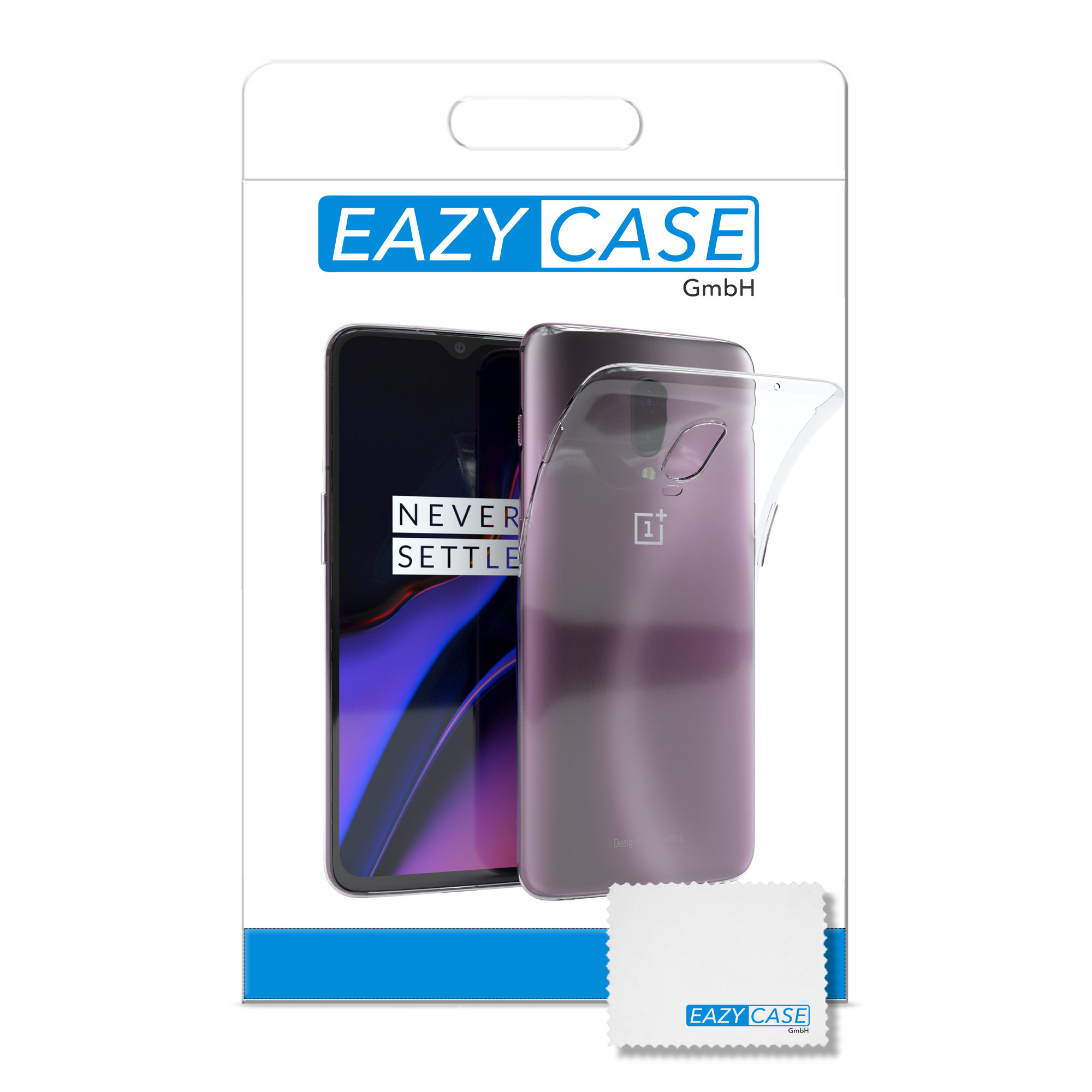 Handyhüllenverpackung mit einem Handy und einem Reinigungstuch. EAZY CASE Logo und die Worte NEVER SETTLE.