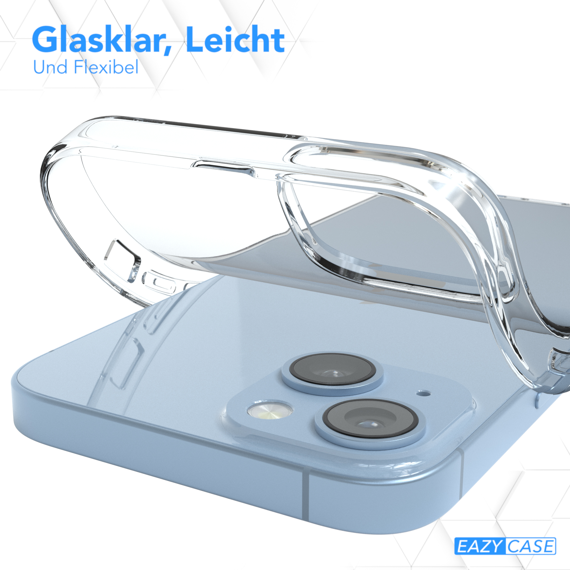 Transparente Handyhülle über blauem Telefon, zeigt Kamera und Hülle.