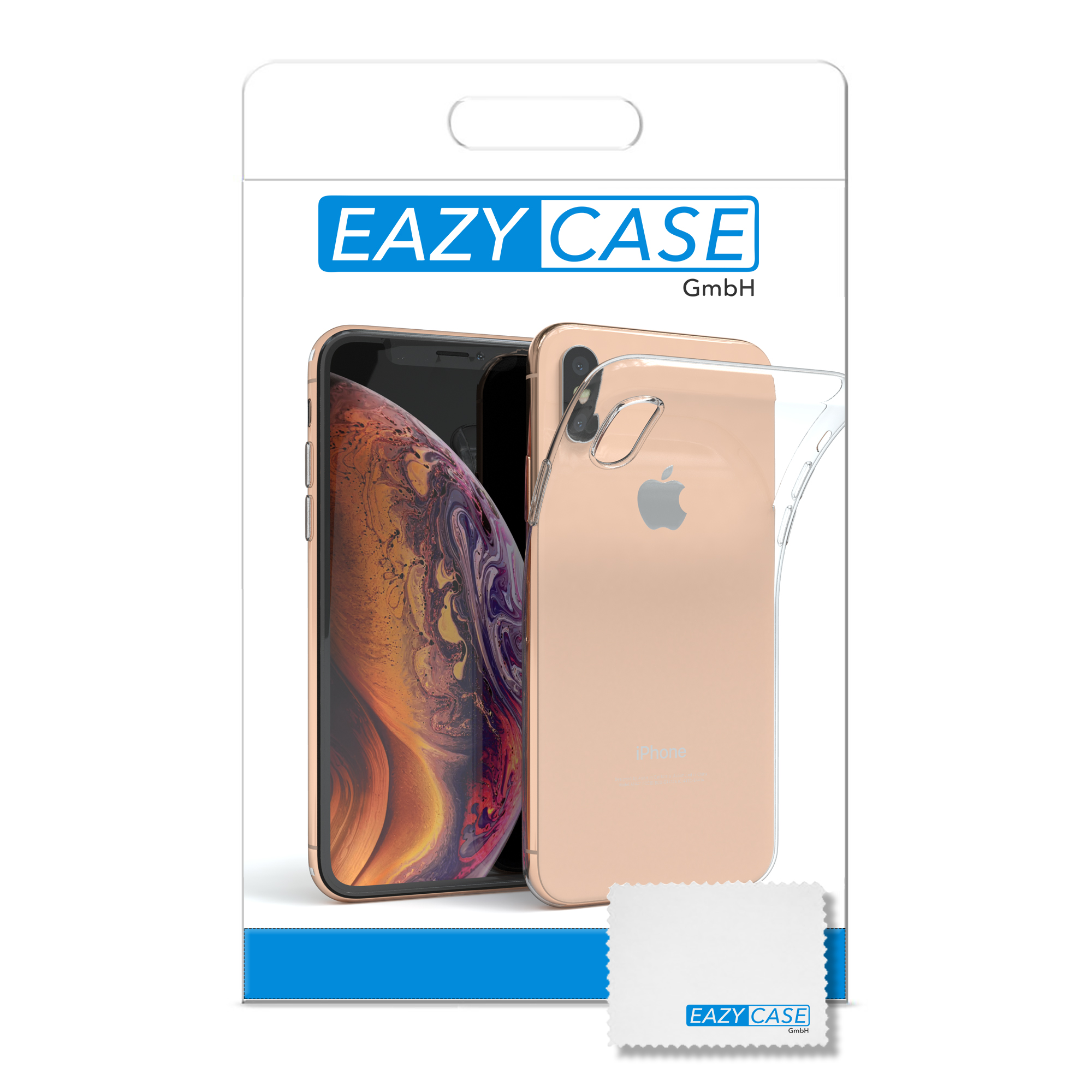 Ein Telefon in einer transparenten Hülle in einer EAZY CASE-Verpackung mit einem Reinigungstuch.