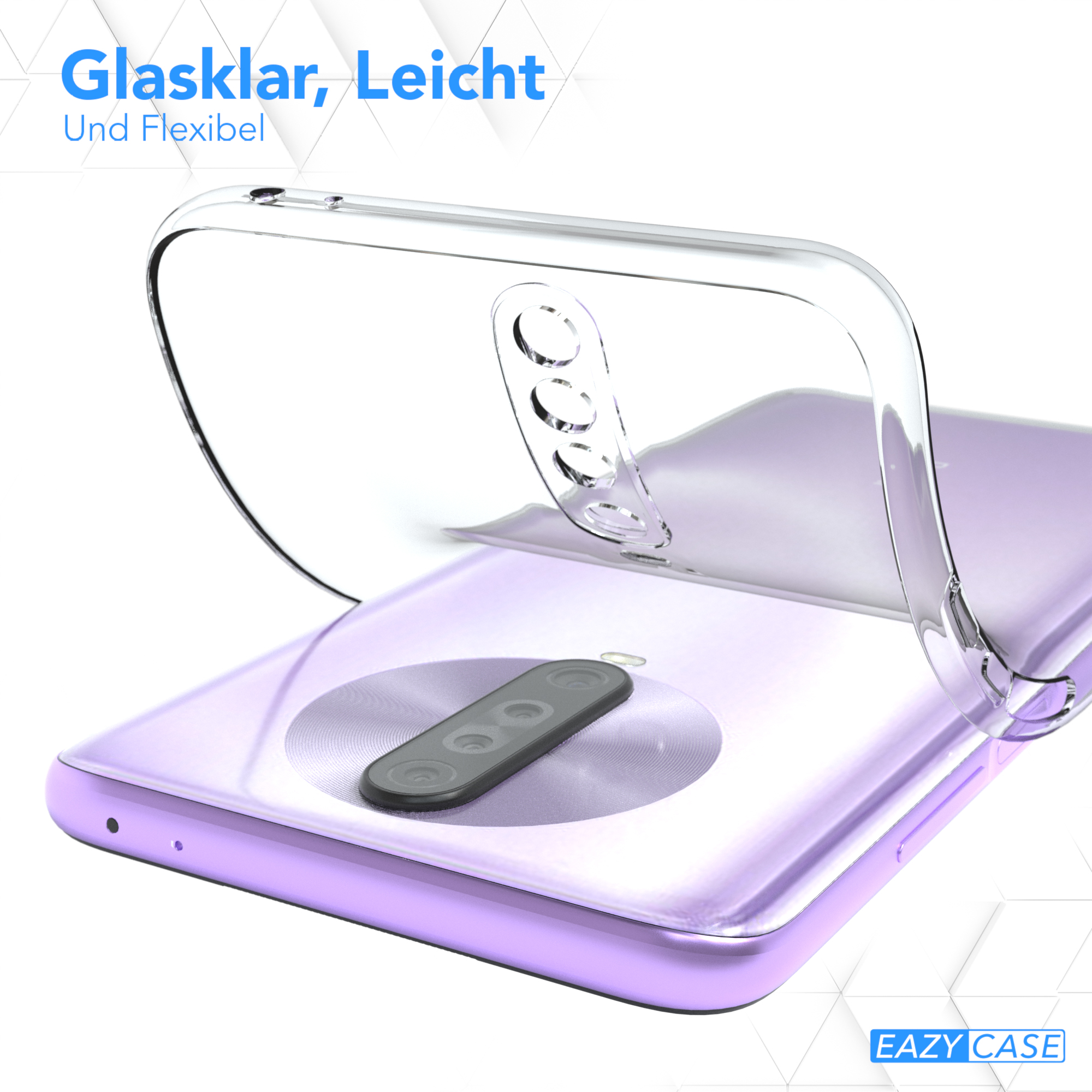 Transparente Handyhülle auf lila Telefon, Text 'Glasklar, Leicht'.