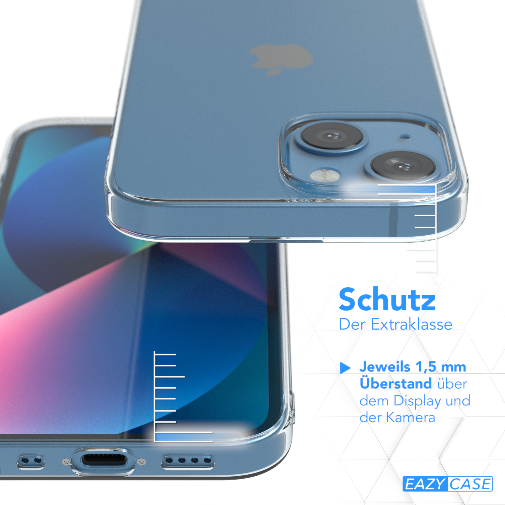 Transparente Handyhülle auf einem blauen iPhone mit Text: Schutz Der Extraklasse und Maßen.