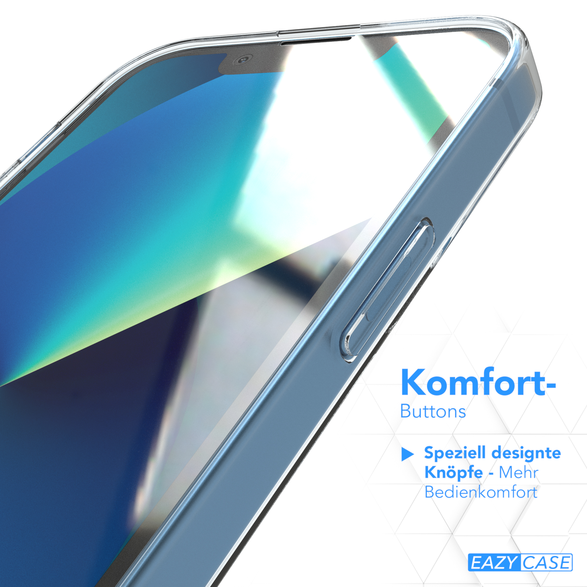 Nahaufnahme eines Telefons in einer blauen Hülle, mit Text, der die Knöpfe beschreibt.