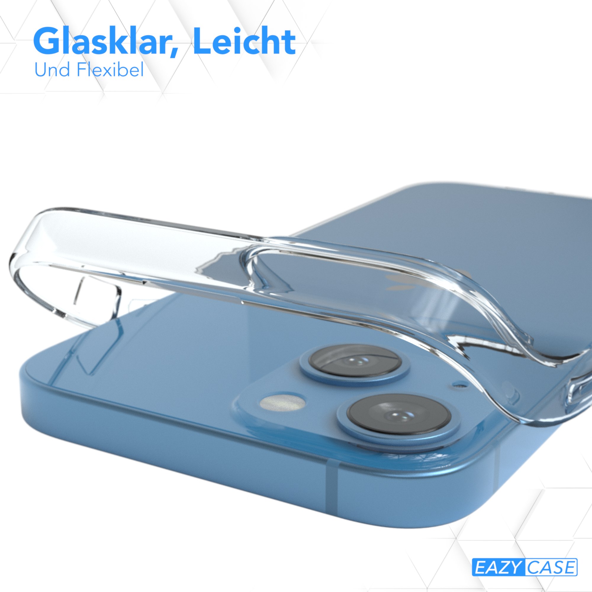 Ein blaues Telefon in einer transparenten Hülle, Nahaufnahme. Die Hülle ist leicht geöffnet.