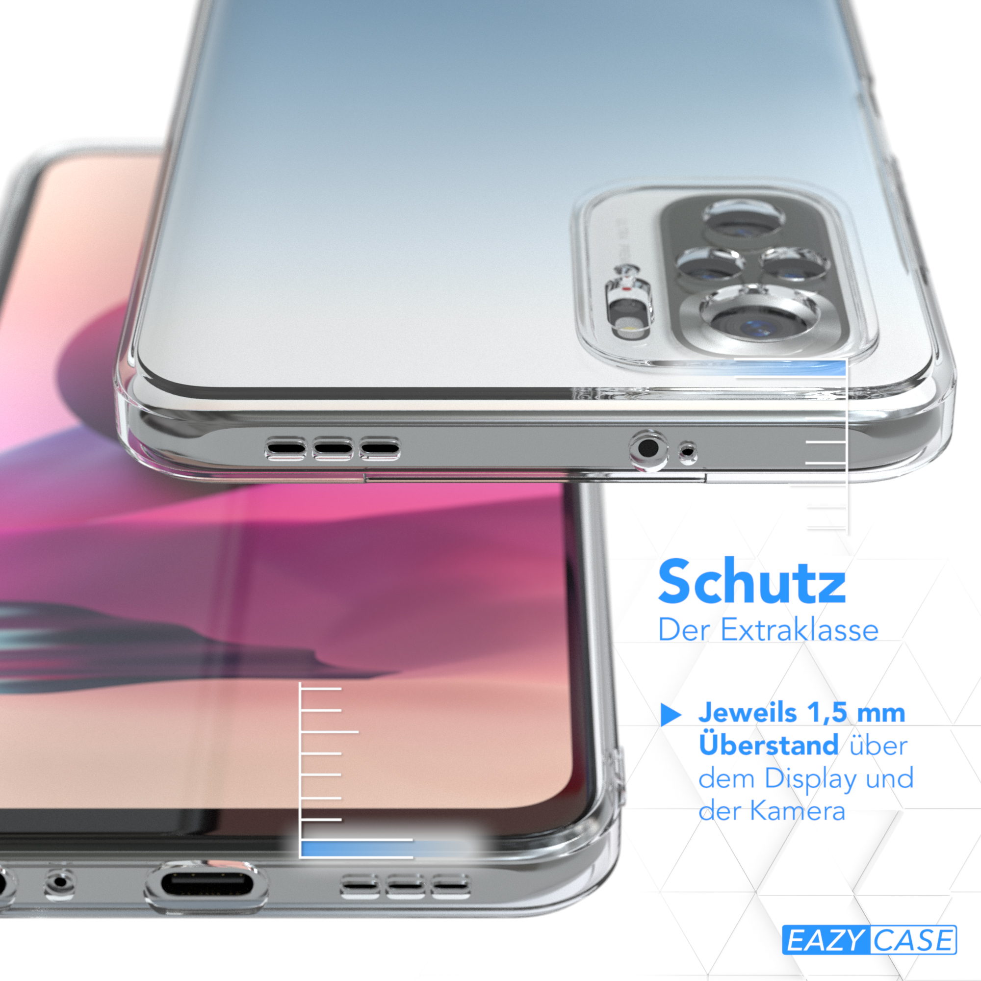 Transparente Handyhülle auf einem Handy. Die Hülle ist transparent mit leichtem Blauton.