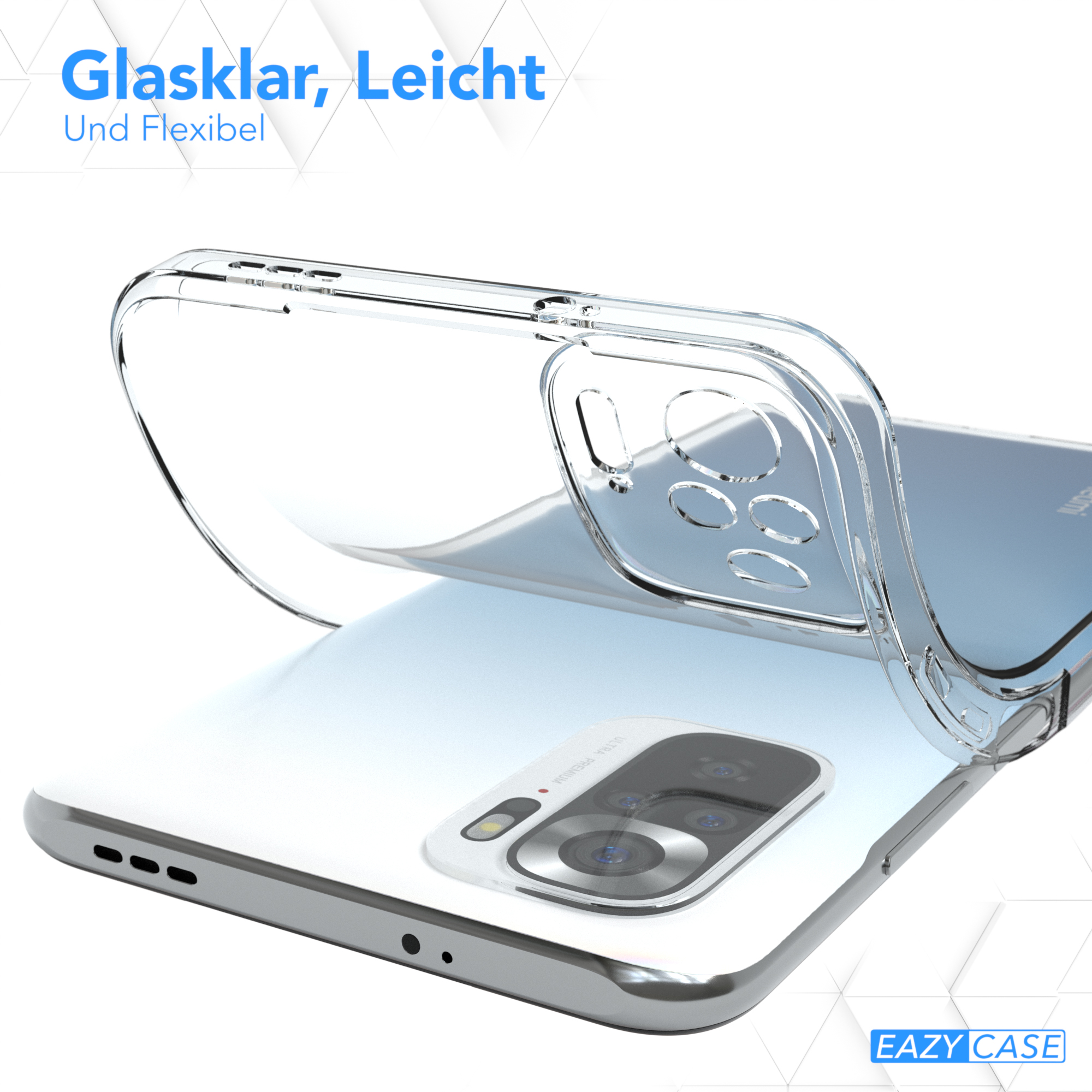 Eine Handyhülle mit Telefon, klar und flexibel, mit Text auf Deutsch: „Glaslar, Leicht Und Flexibel“.