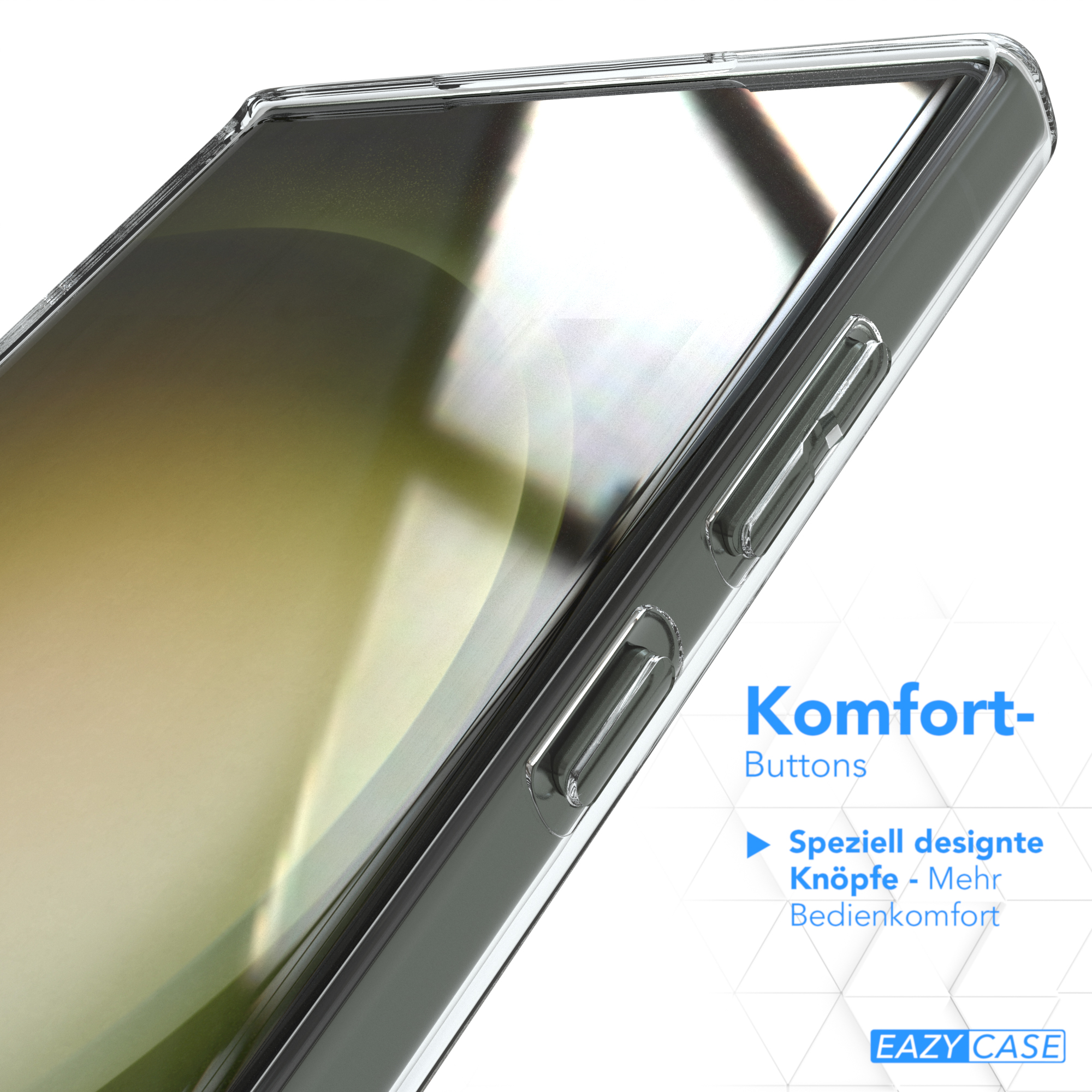 Nahaufnahme einer Handyhülle mit dem Text: 'Komfort-Buttons'. Die Tasten sind auf Komfort ausgelegt.