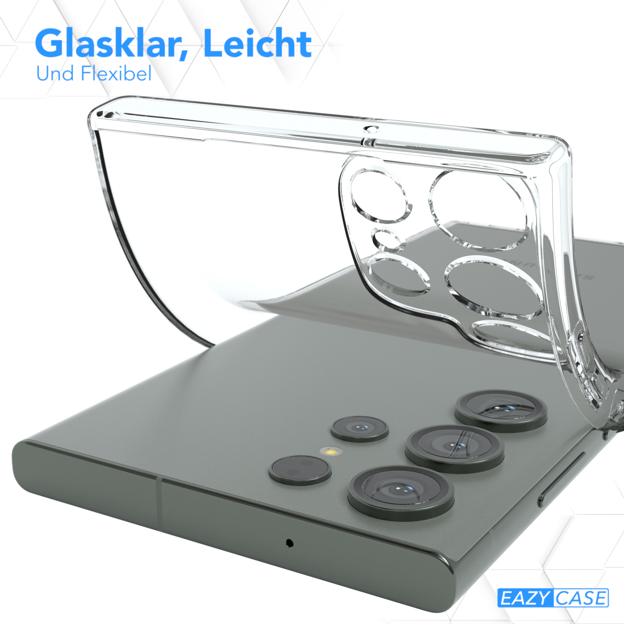 Ein Telefon mit klarer Hülle. Das Telefon hat mehrere Kameras. Die Hülle ist transparent.