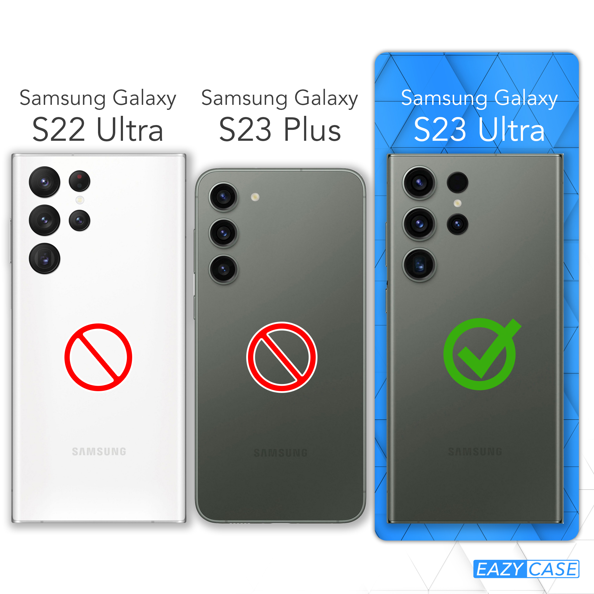 Drei Samsung-Telefone, eines mit einem Häkchen, andere mit einem roten Verbotsschild.