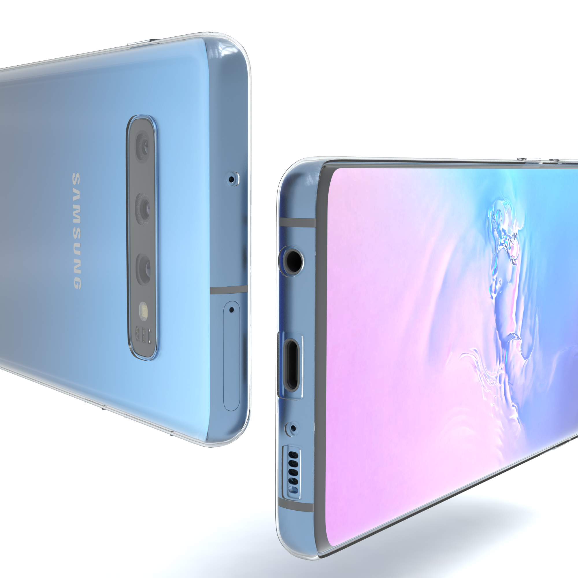 Zwei hellblaue Smartphones mit transparenter Hülle. Rückseite zeigt Kameras. Weißer Hintergrund.