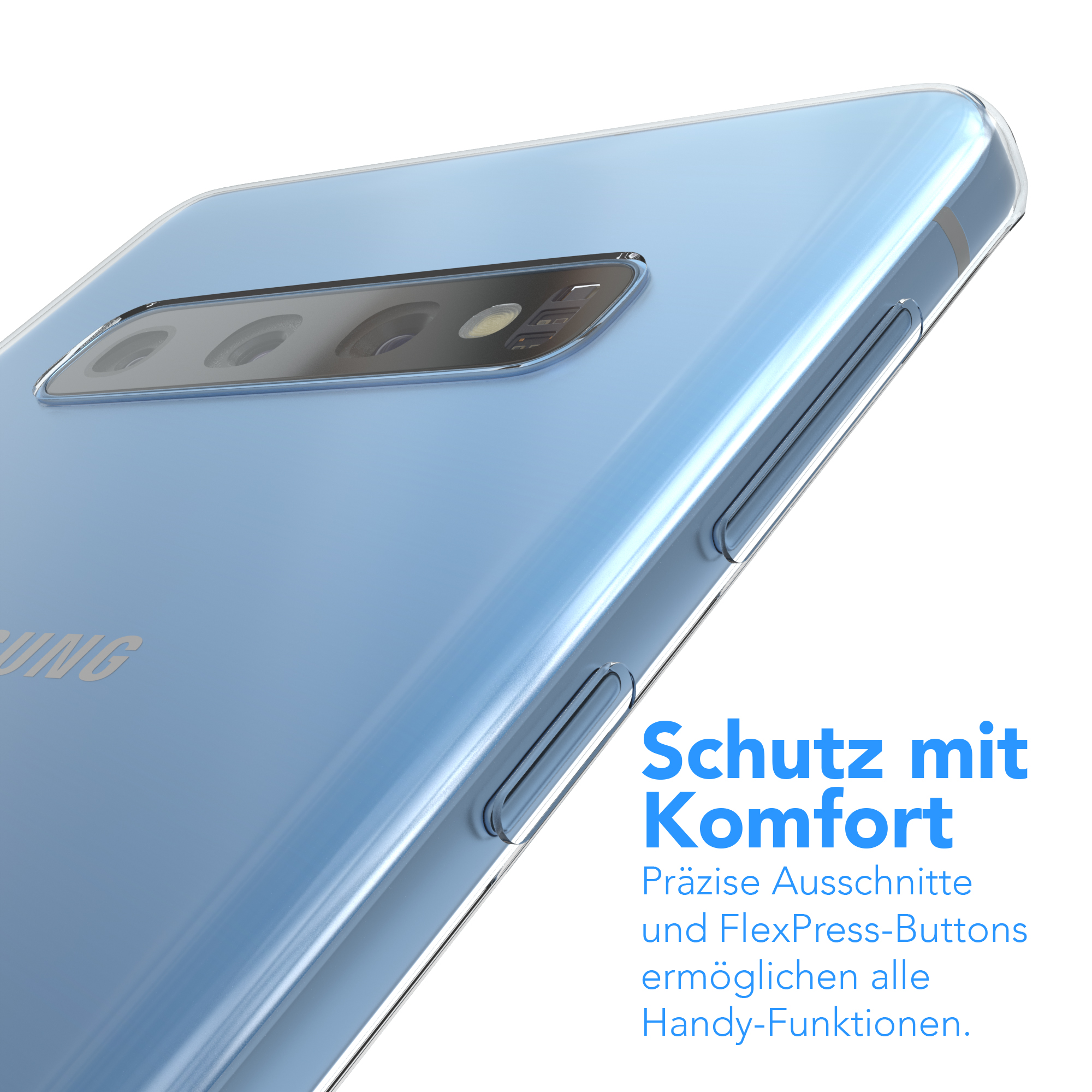 Blaues Telefon in transparenter Hülle. Text: Schutz mit Komfort. Präzise Aussparungen und FlexPress-Buttons.