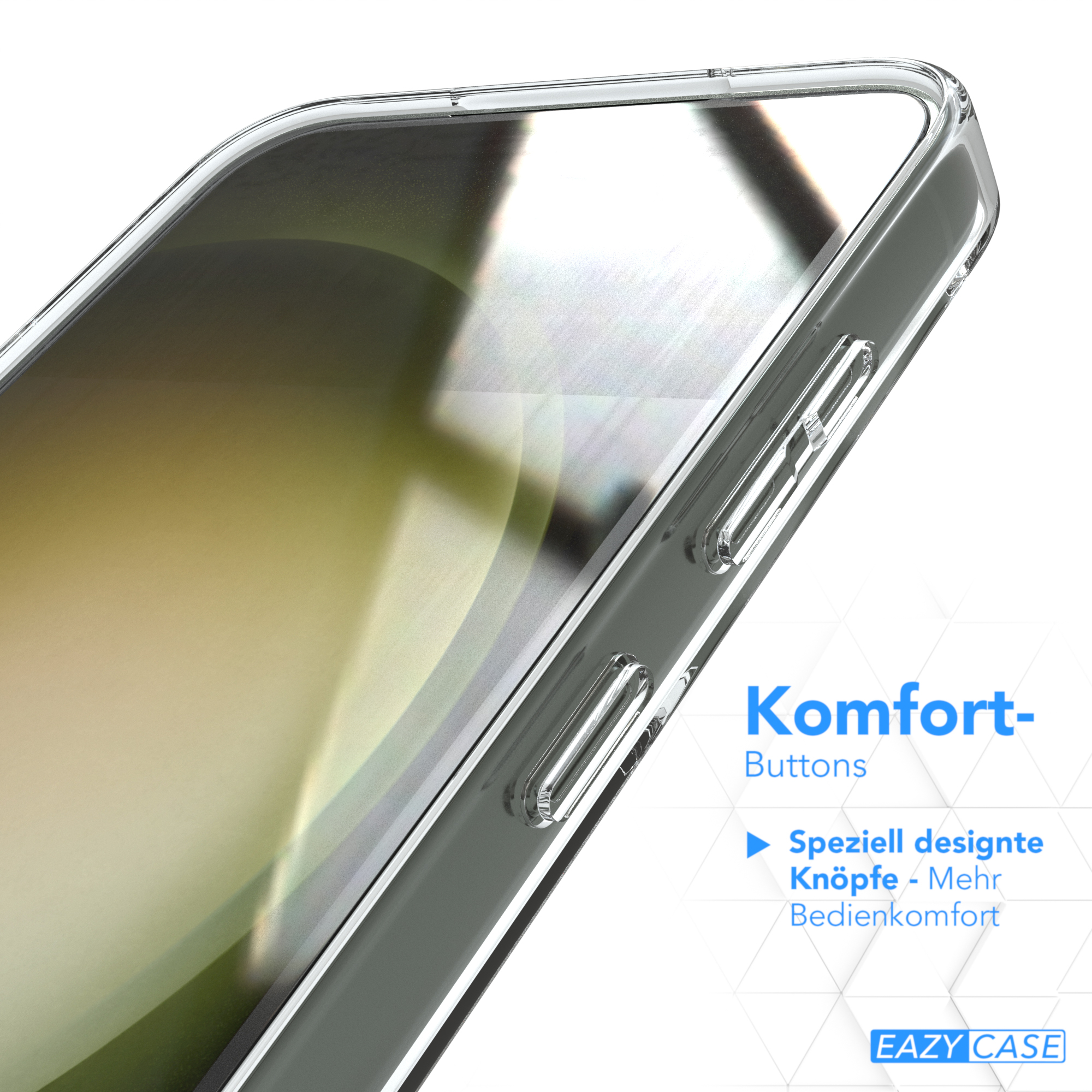 Nahaufnahme einer transparenten Handyhülle auf einem Handy. Knöpfe und Kanten sichtbar.