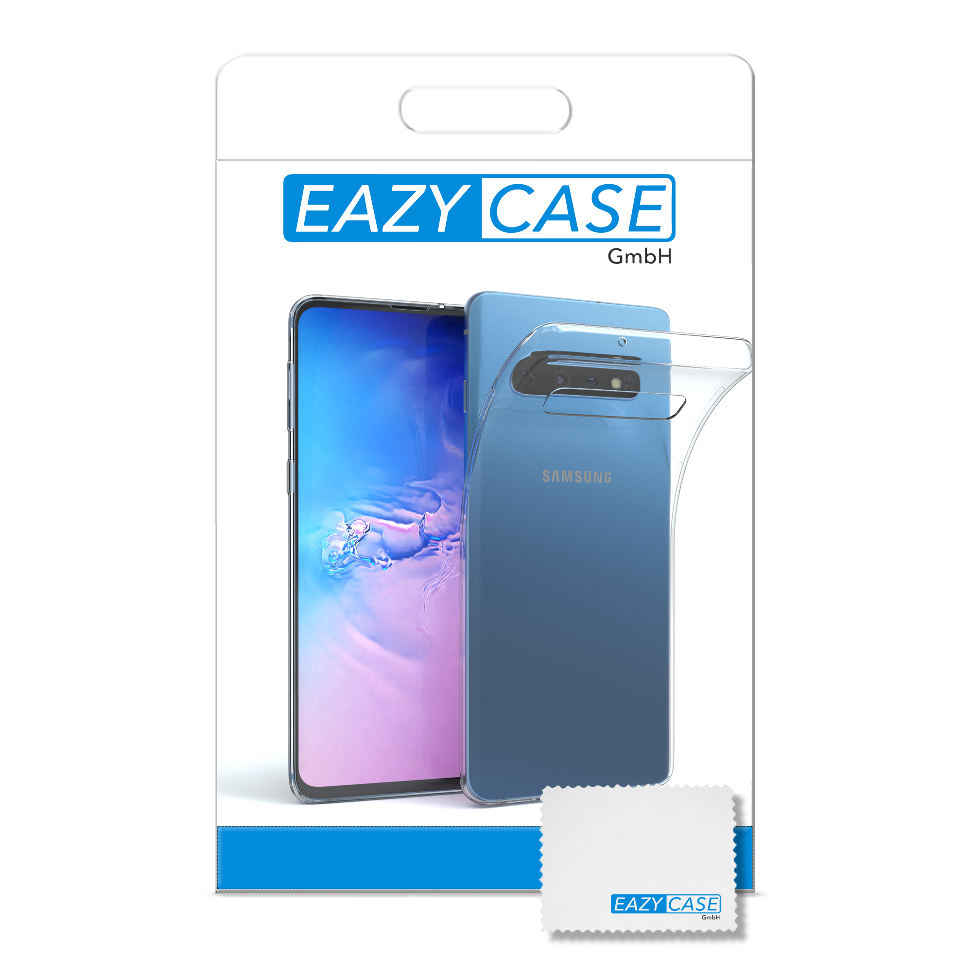 Telefon in transparenter Hülle, Verpackung mit Eazy Case Logo.