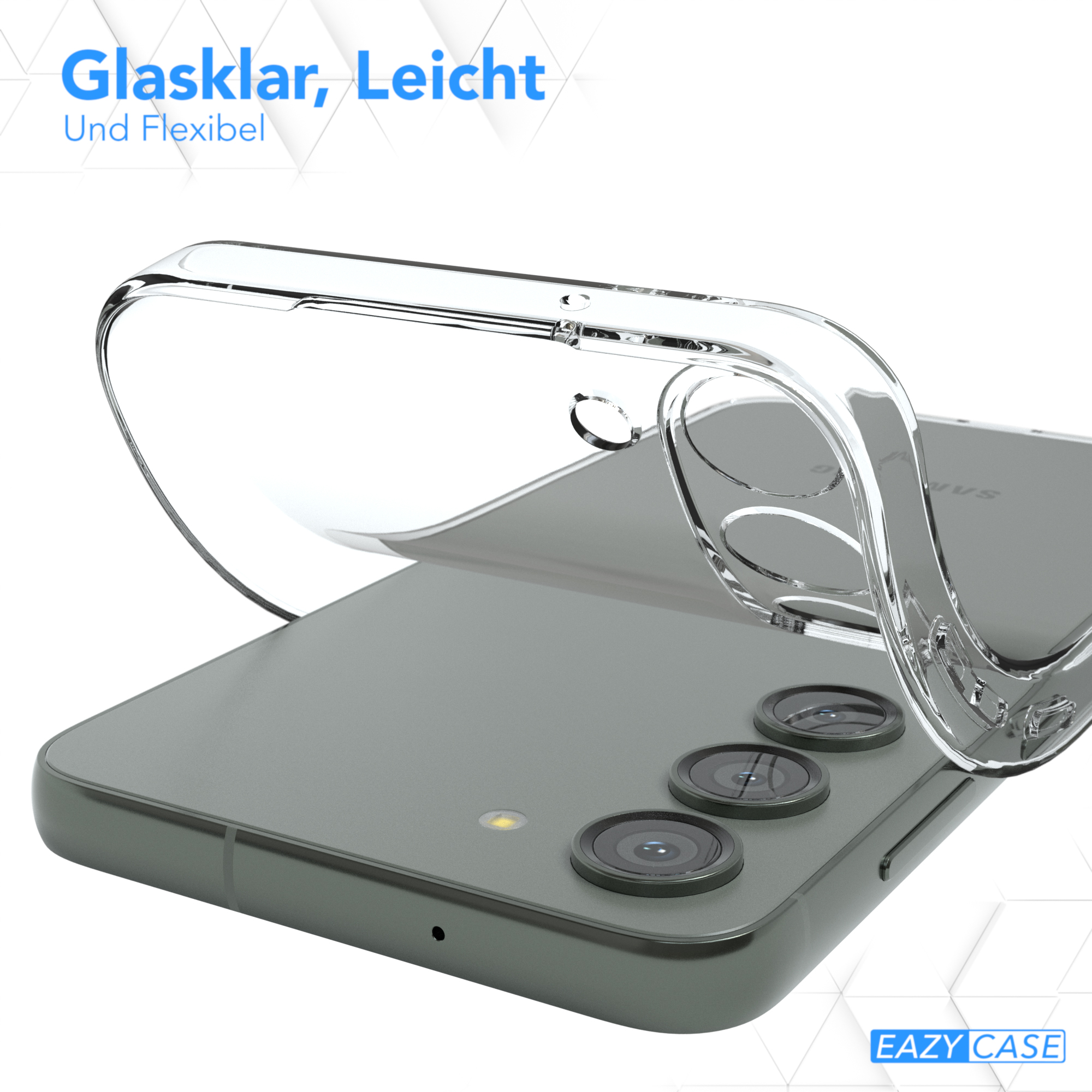 Ein Telefon mit einer transparenten Hülle. Text sagt "Glasklar, Leicht Und Flexibel" und "EAZY CASE".