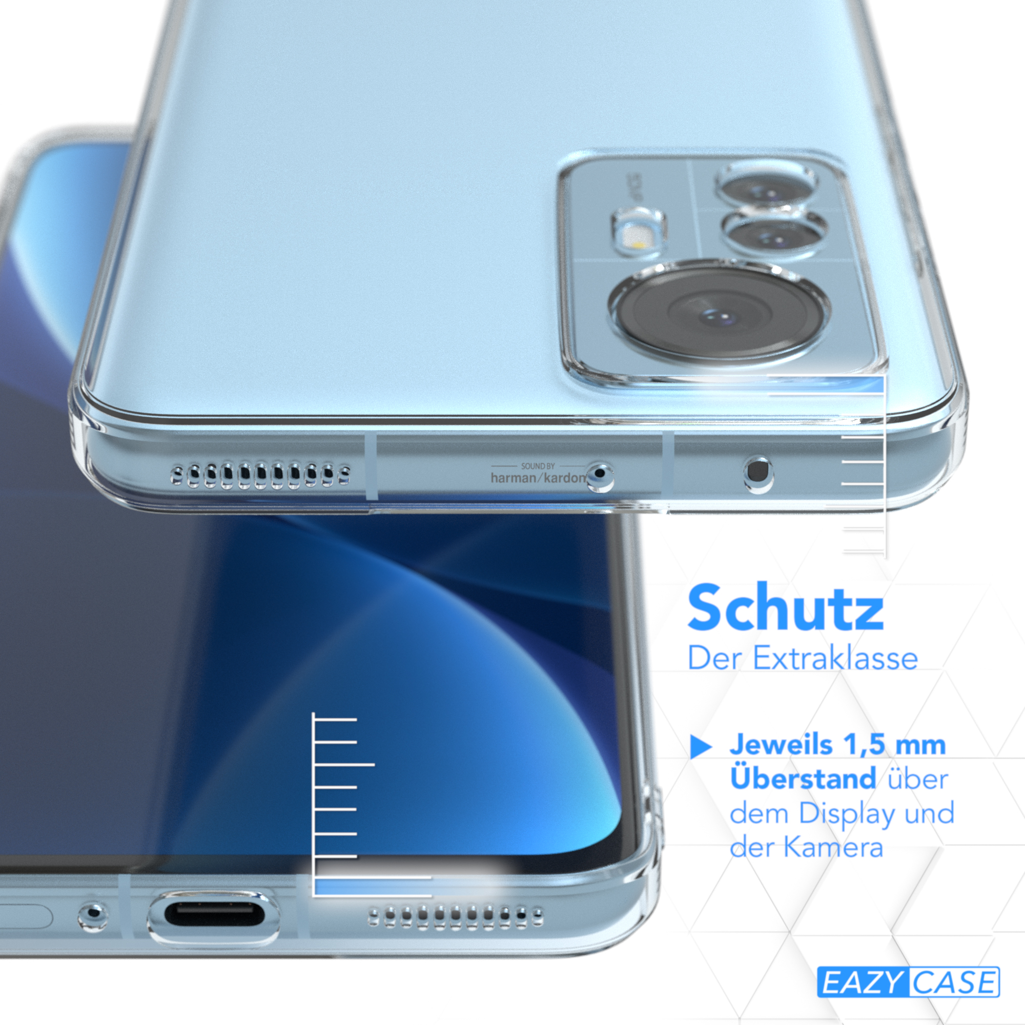Transparente Handyhülle auf einem Handy. Text: 'Schutz der Extraklasse'.