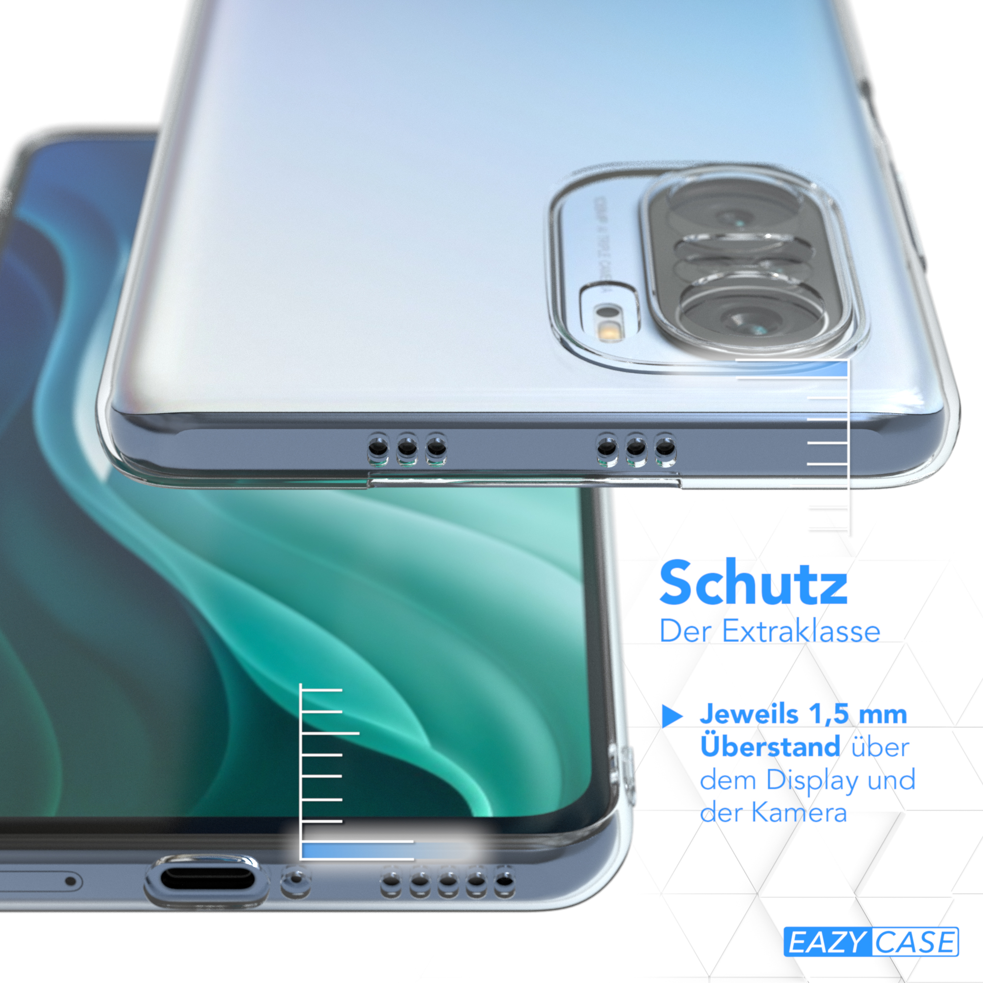 Transparente Handyhülle mit einem Telefon darin. Das Telefon ist im Fokus.
