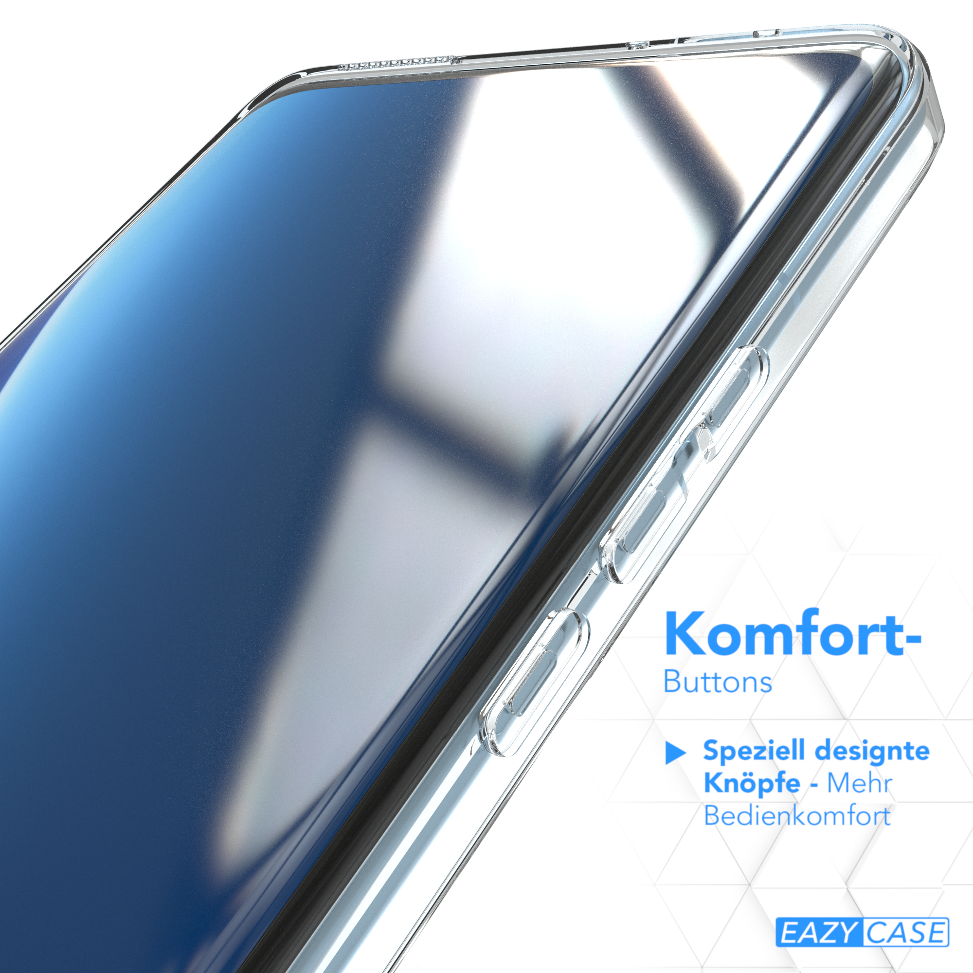 Telefon in klarer Hülle mit Text. Klare Hülle, Text lautet 'Komfort-Buttons'.