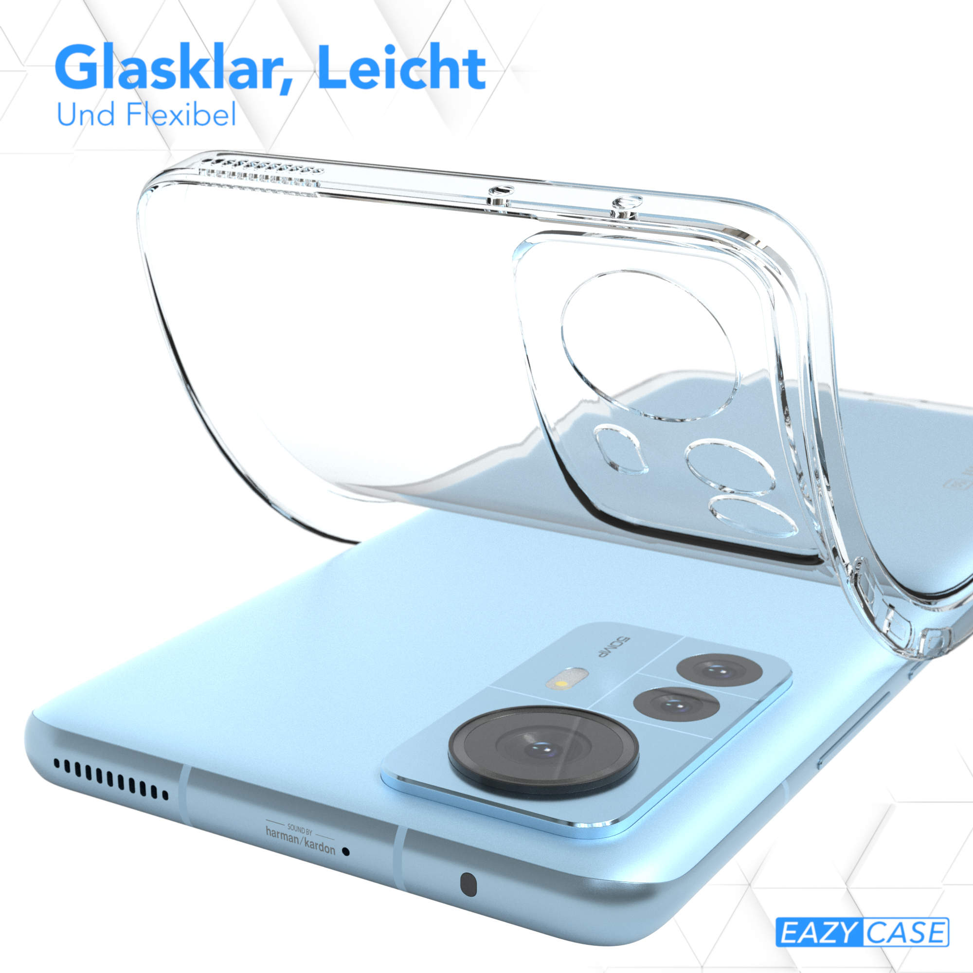 Eine transparente Handyhülle über einem blauen Telefon, mit Text und Logo links.