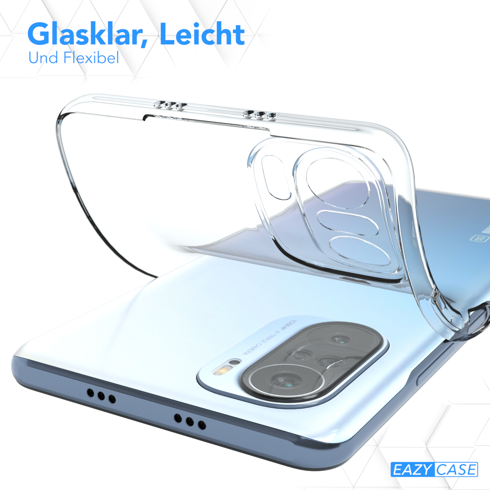 Transparente Handyhülle über weißem Telefon. Text: "Glasklar, Leicht Und Flexibel".