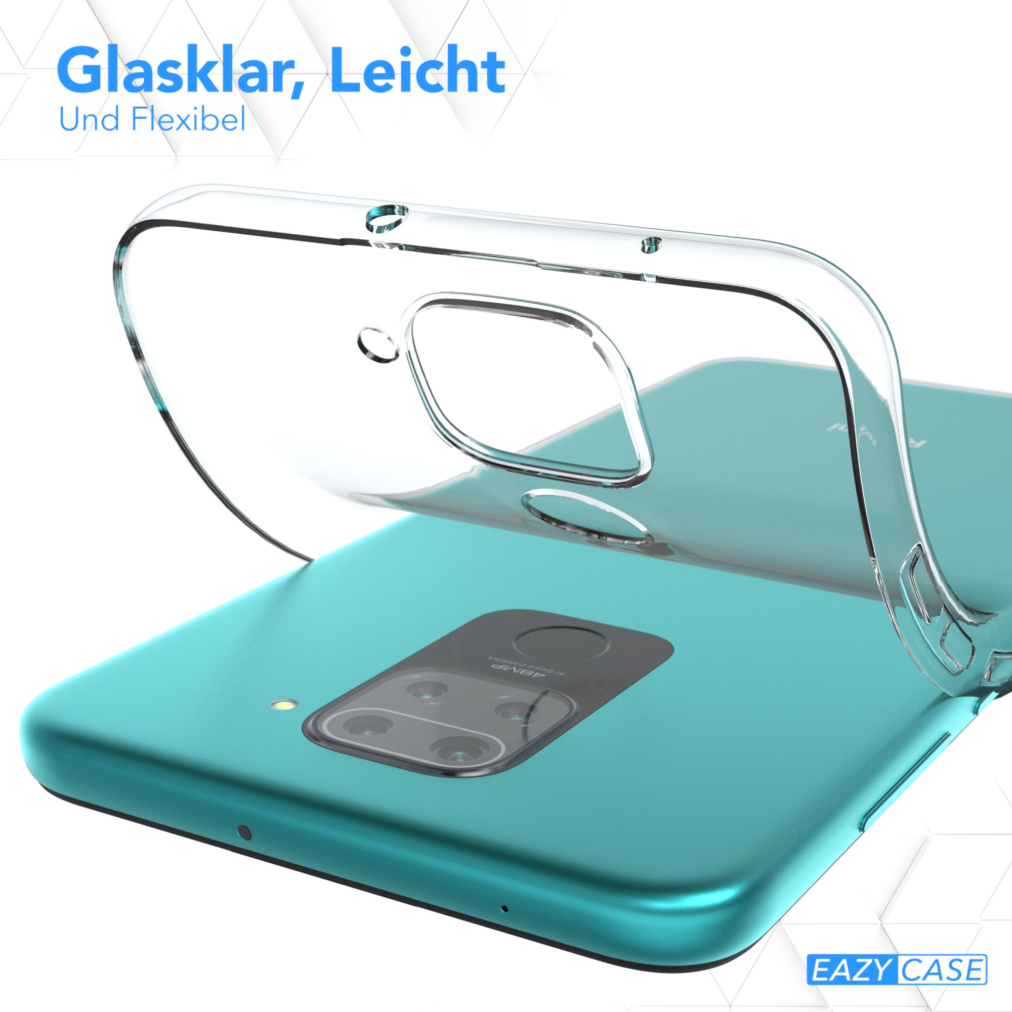 Eine transparente Handyhülle über einem Telefon; weißer Text sagt: Glasklar, leicht und flexibel.