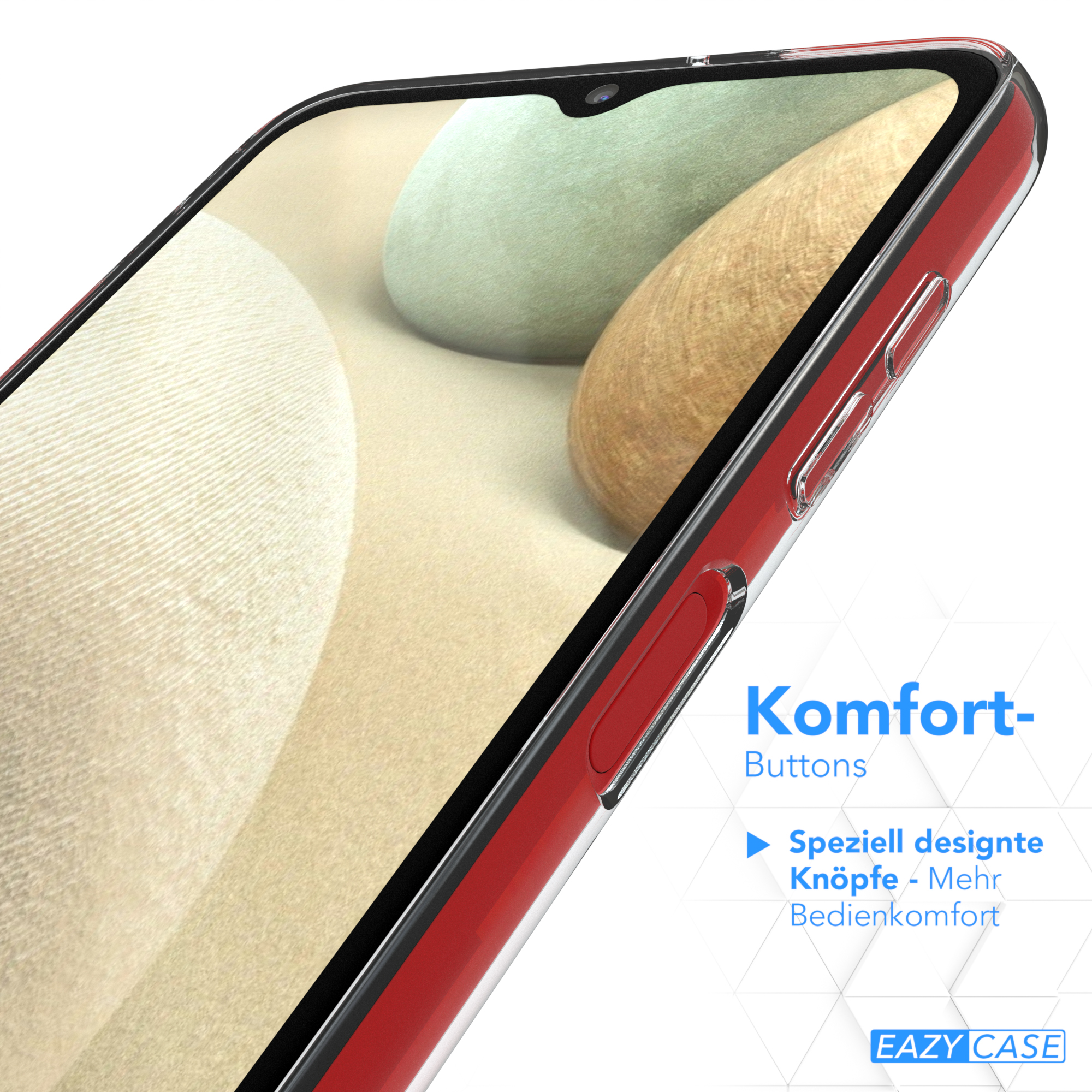 Nahaufnahme einer Handyhülle mit rotem Rahmen. Text auf Deutsch: Komfort-Buttons. Weißer Hintergrund.