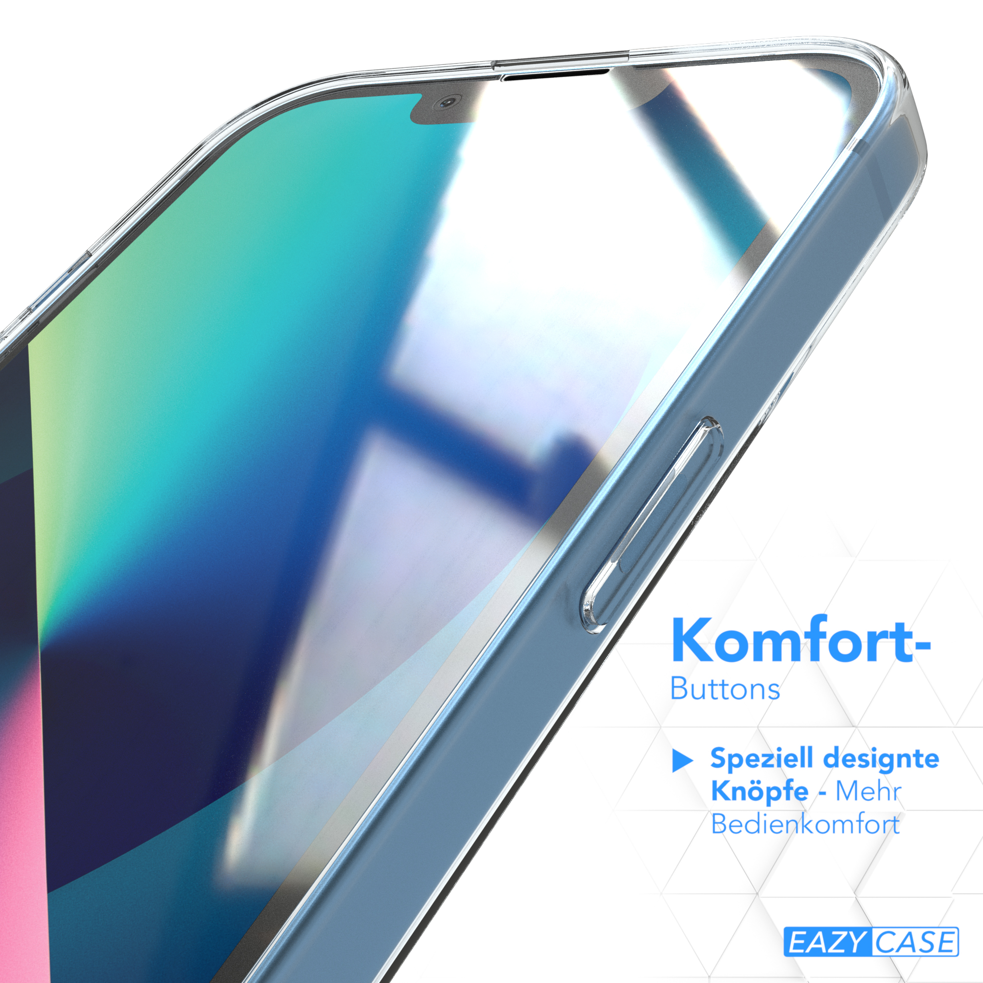 Transparente Handyhülle mit blauen Knöpfen und Text 'Komfort-Buttons' und 'Speziell designte Knöpfe - Mehr Bedienkomfort'.